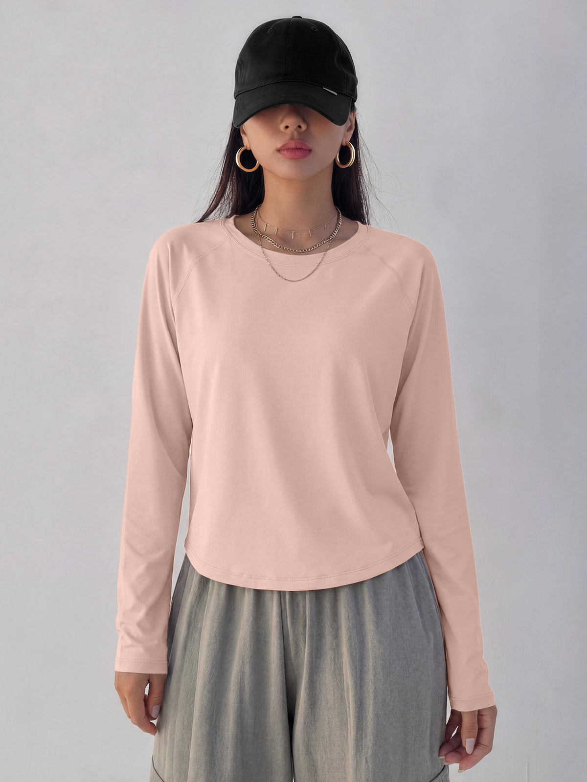 Mesh Back Panel Long Sleeve Top - Pink