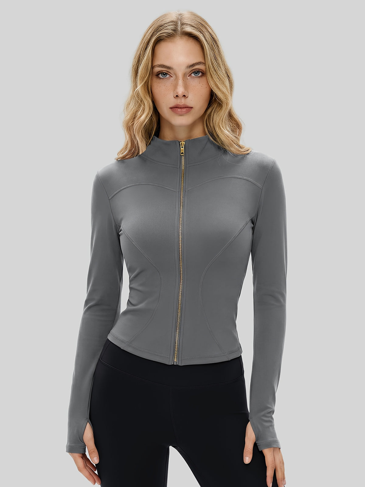 Cropped Thumbhole Zip Jacket - Grey