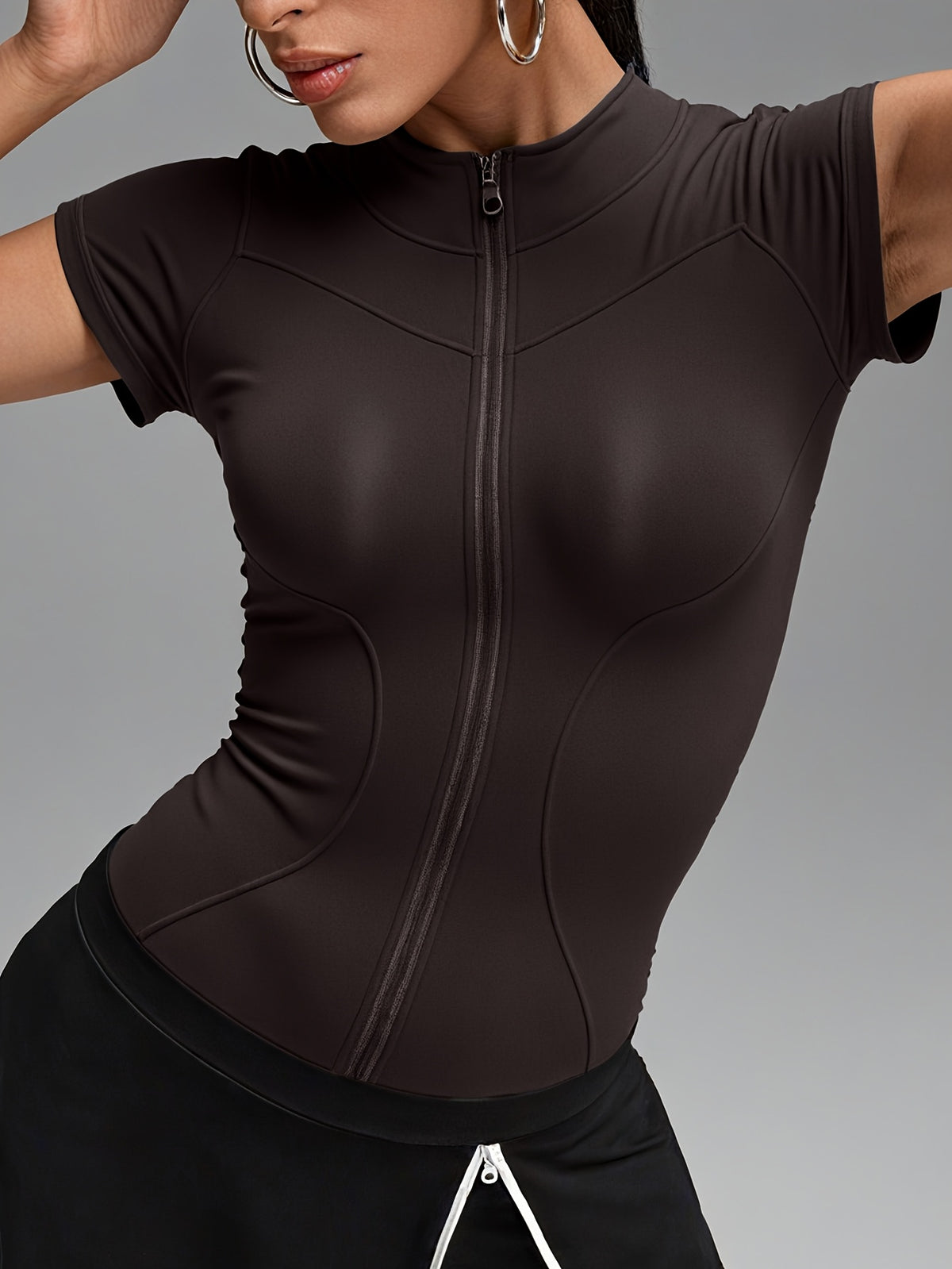 Short Sleeve Cropped Zip Jacket - Coffee