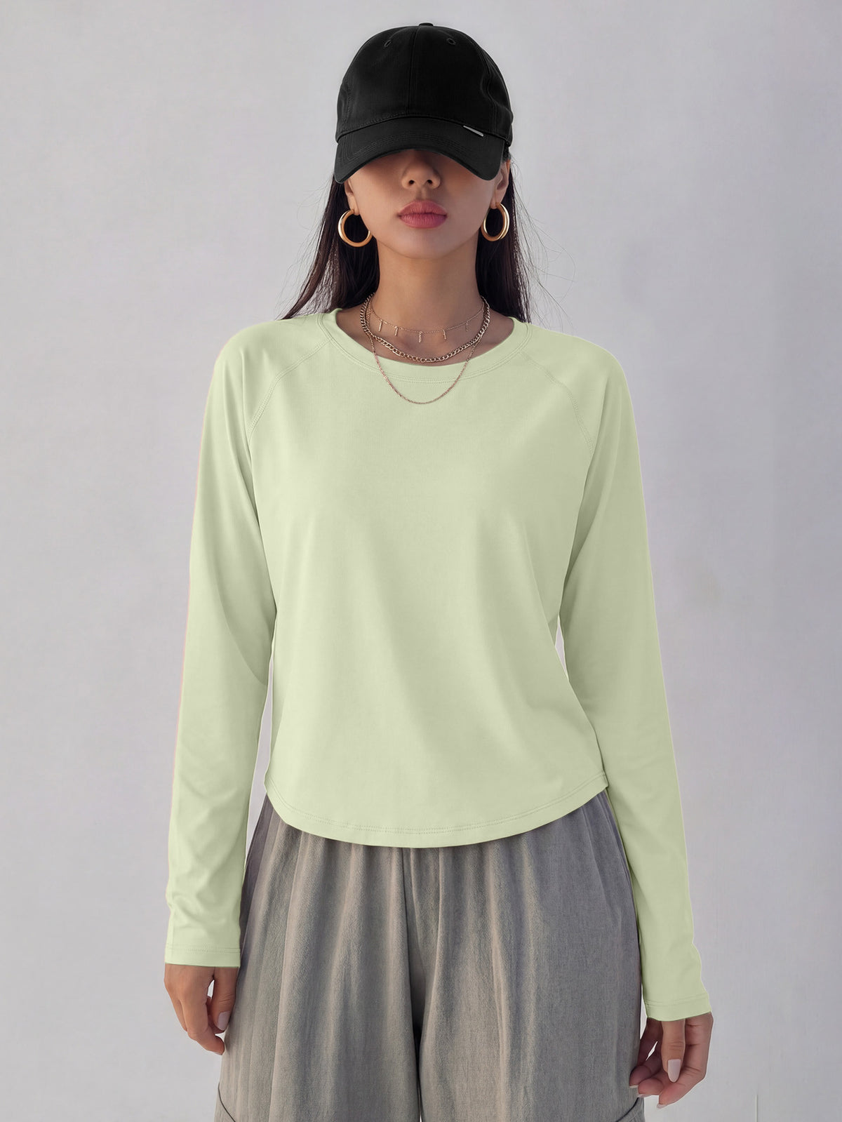 Mesh Back Panel Long Sleeve Top - Light Green
