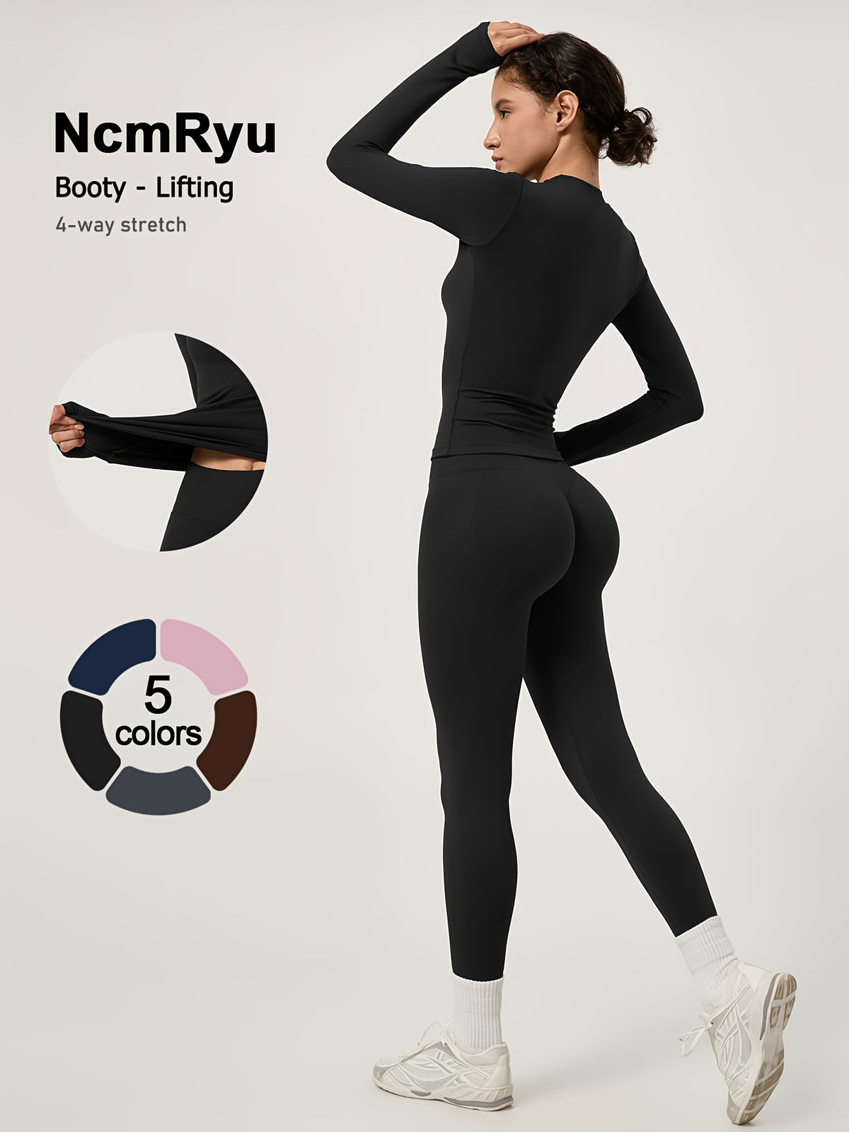 Long Sleeve Top & Seamless Leggings Set - Black