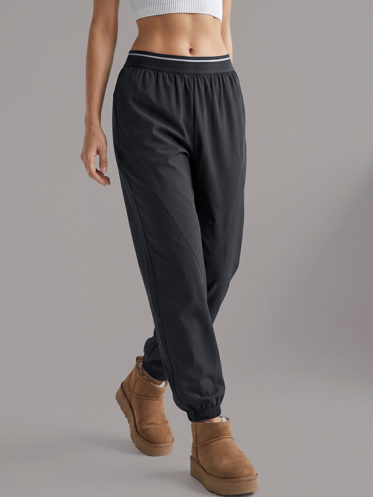 Thick Cuffed High Waist Pocket Joggers - Black