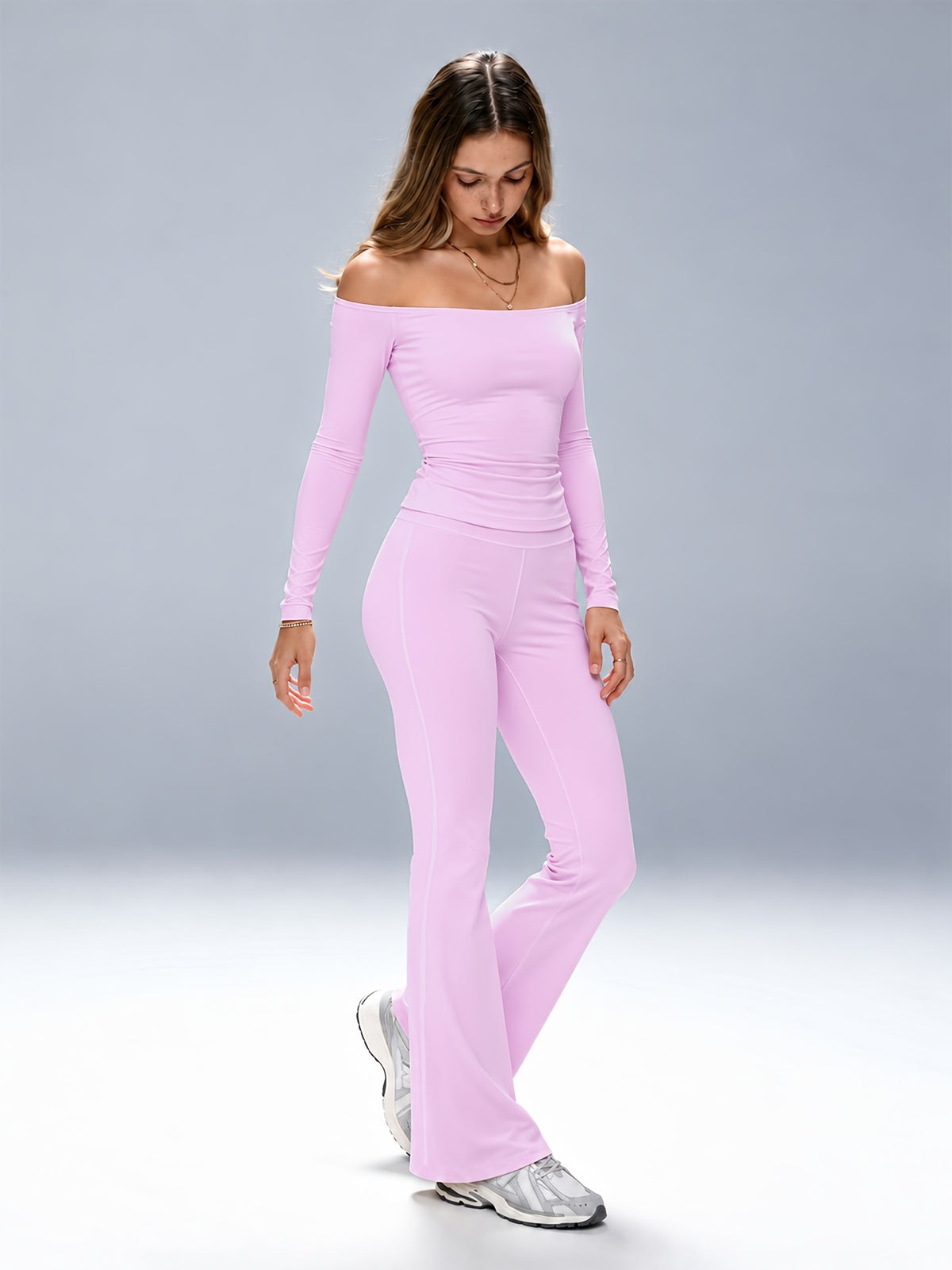 Off-Shoulder Top & Flared Joggers Set - Peach Pink