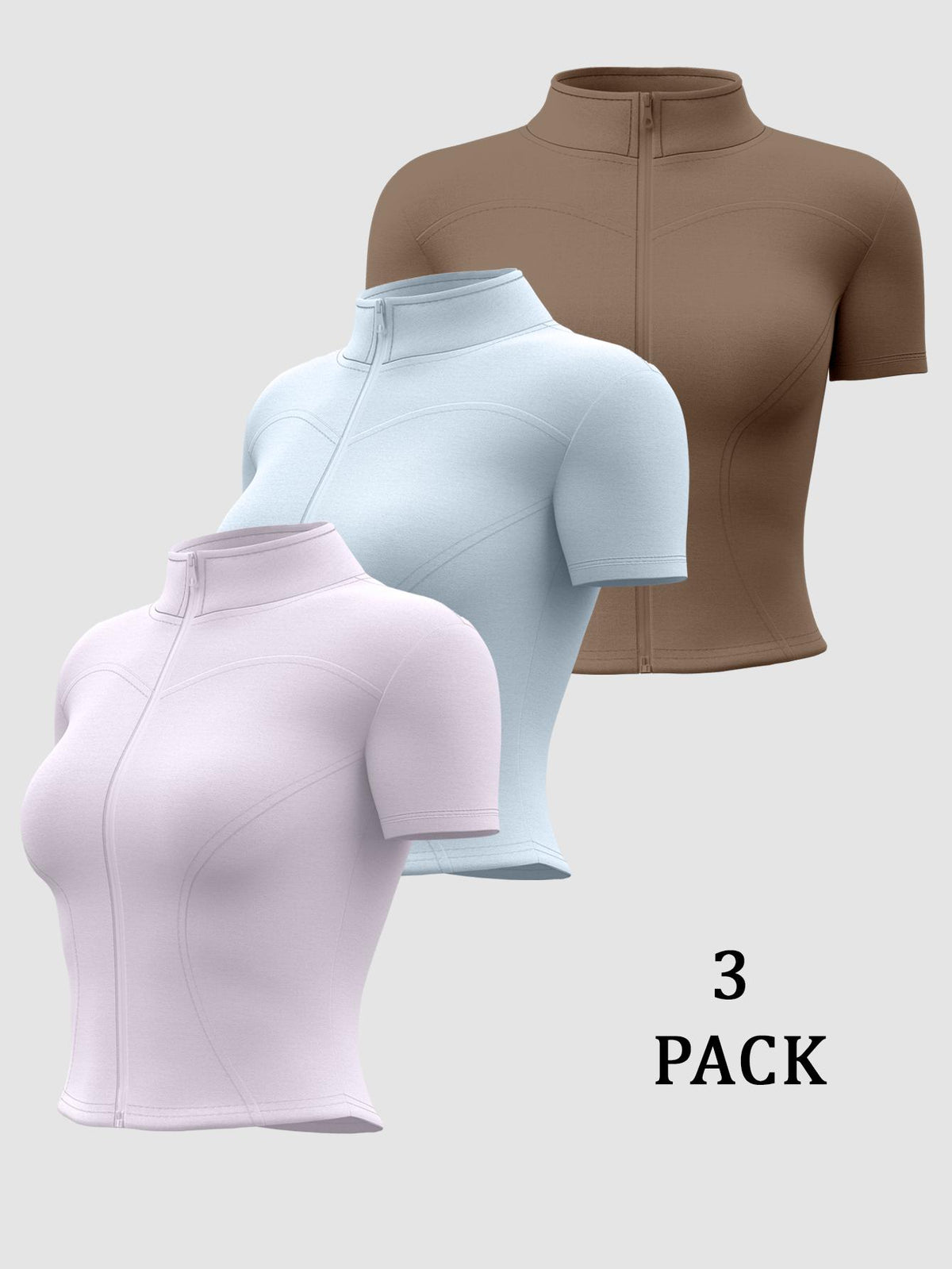 3 Pack Short Sleeve Zip Crop Jackets - Light Purple, Sky Blue & Cocoa