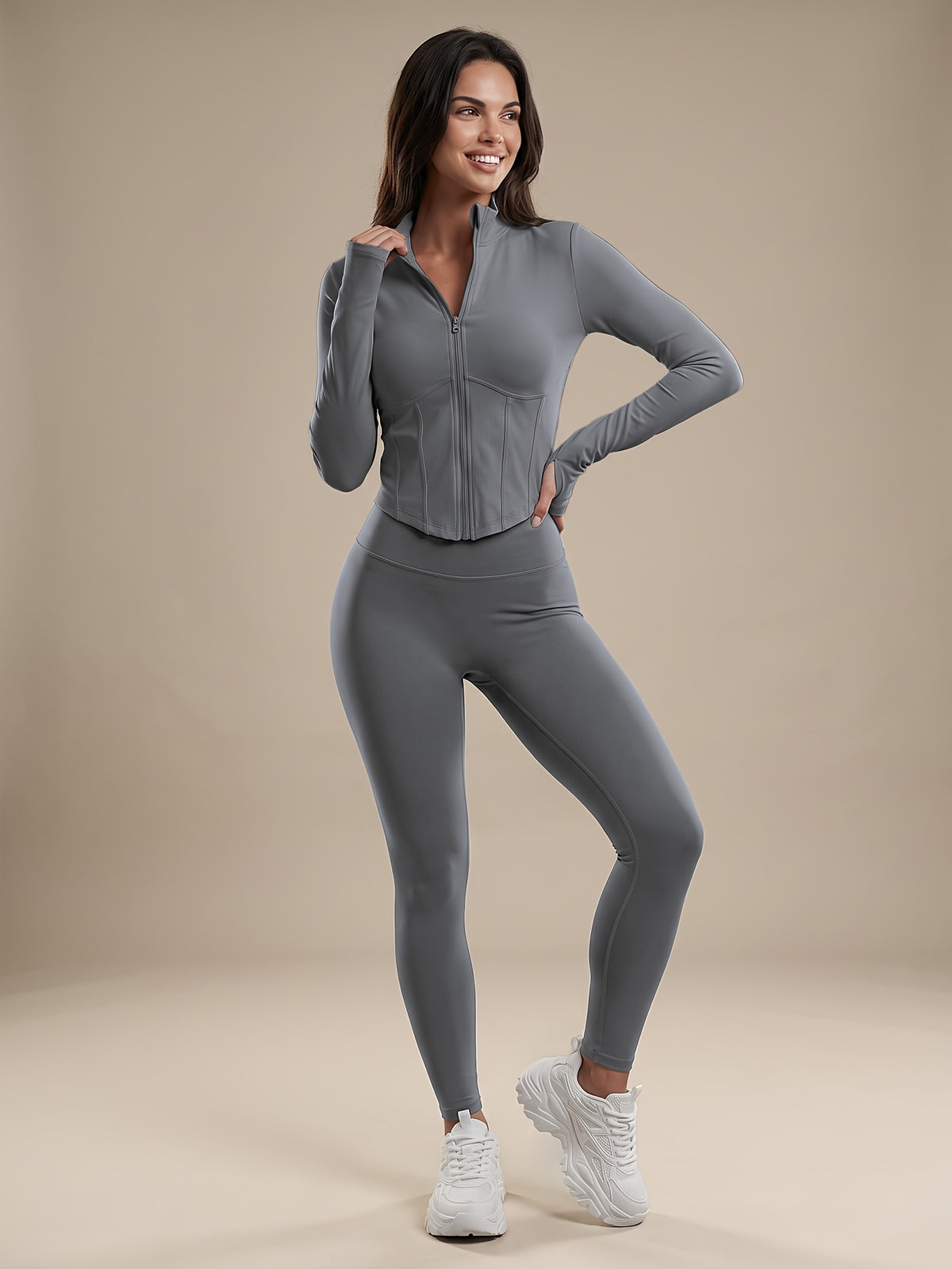 Nylon Zip Jacket & Lifting Leggings Set - Gray