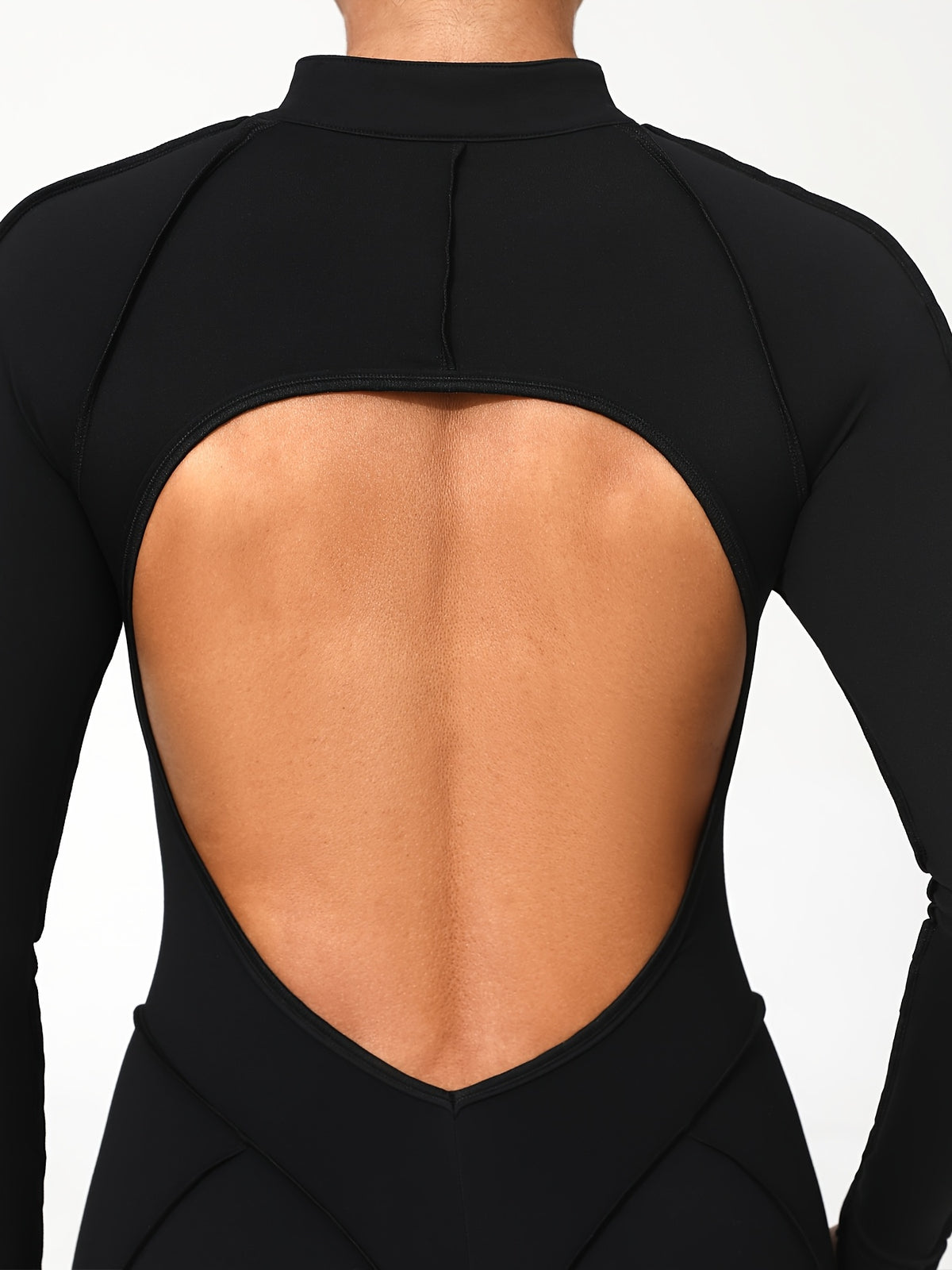 Half Zip Open Back Long Sleeve Jumpsuit - Black