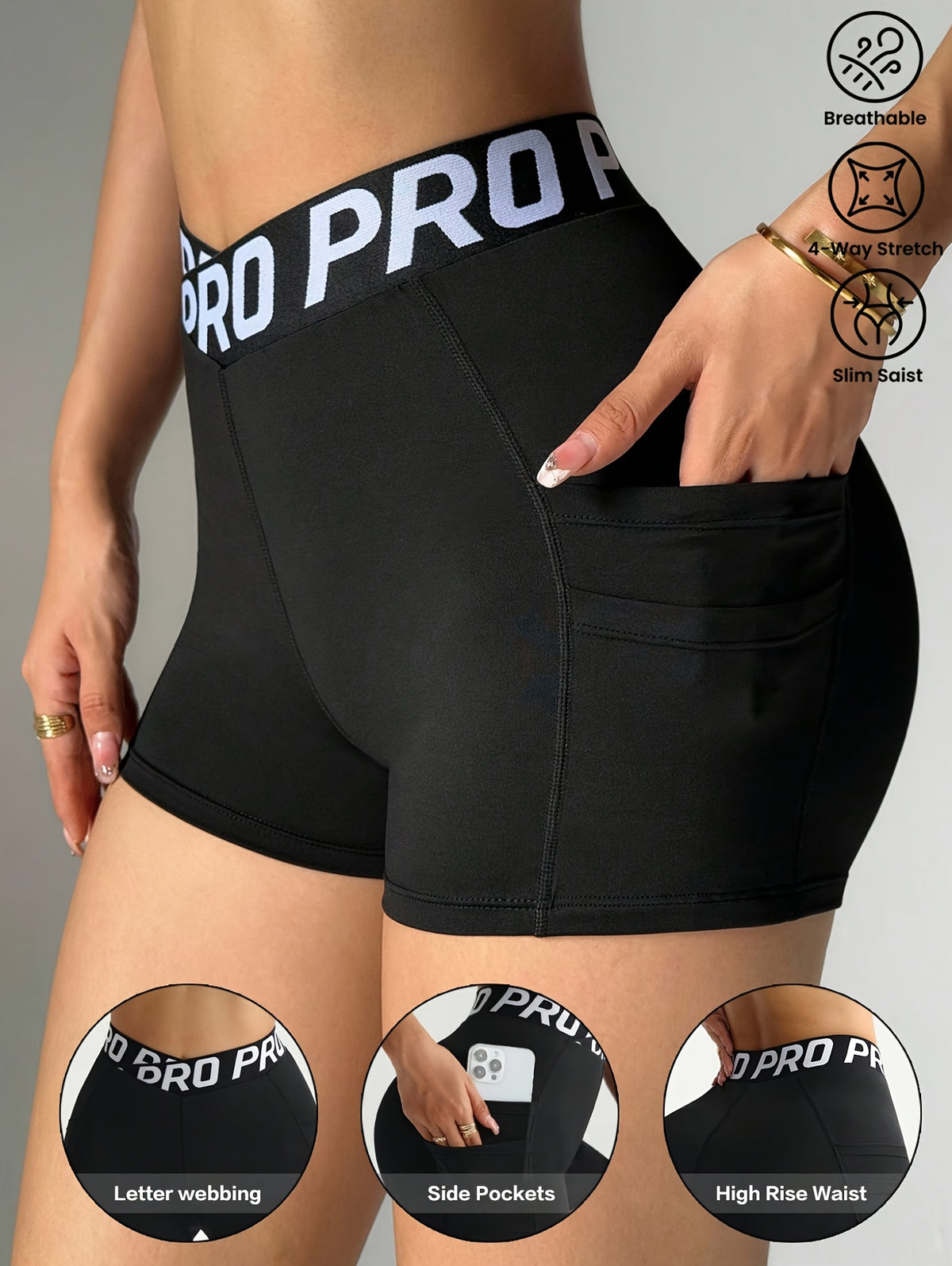 Letter Waist V-Cross Pocket Shorts - Black