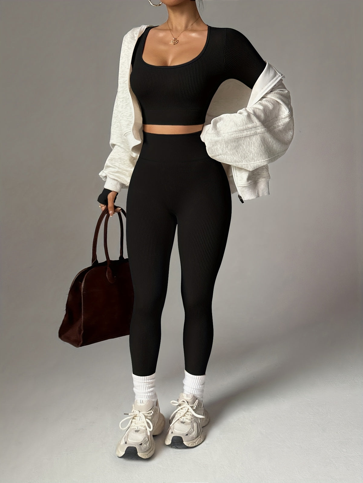 Ribbed Long Sleeve Top & Leggings Set - Black