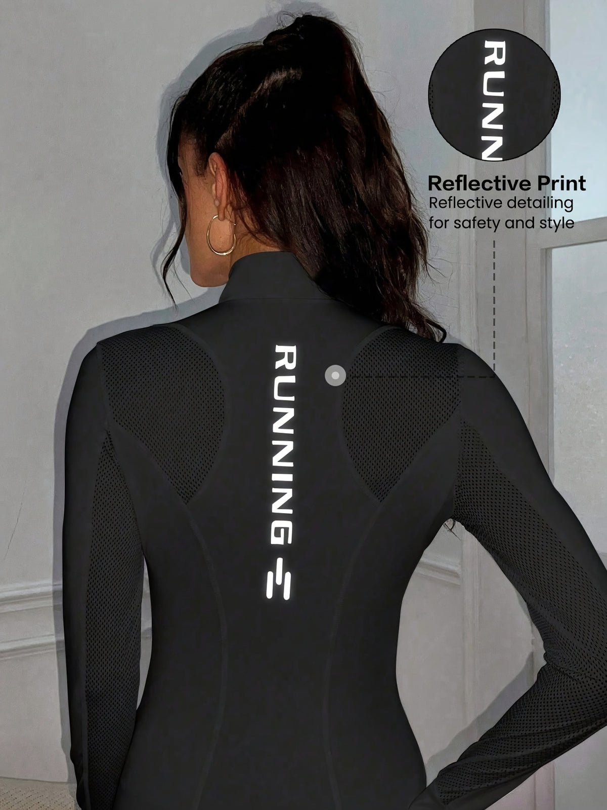Reflective Letter Mesh Thumbhole Jacket - Black