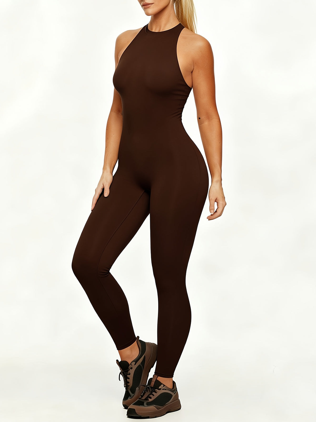 Sleeveless Back Zip Jumpsuit - Coffee