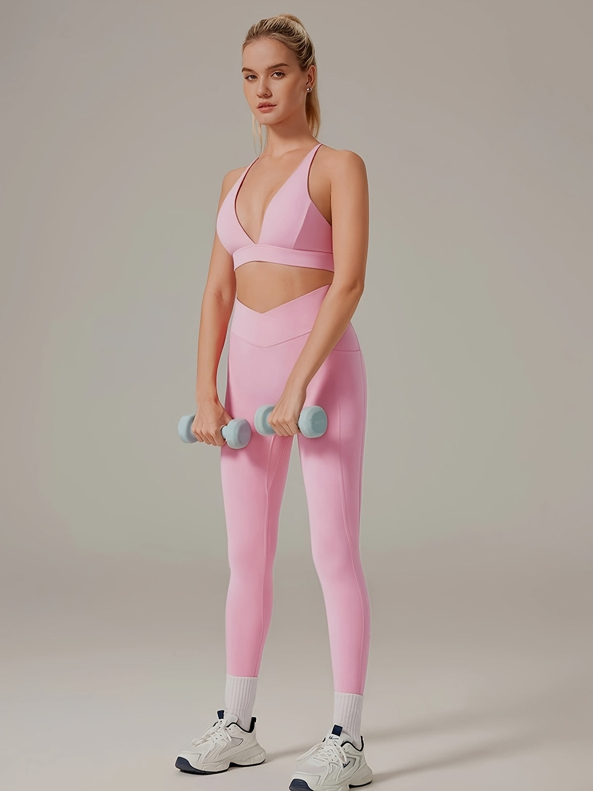 Spaghetti Strap Bra & Pocket Leggings Set - Hot Pink