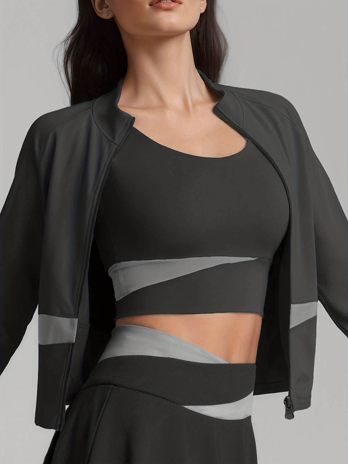 Colour Block Jacket & Skort 3 Piece Set - Black