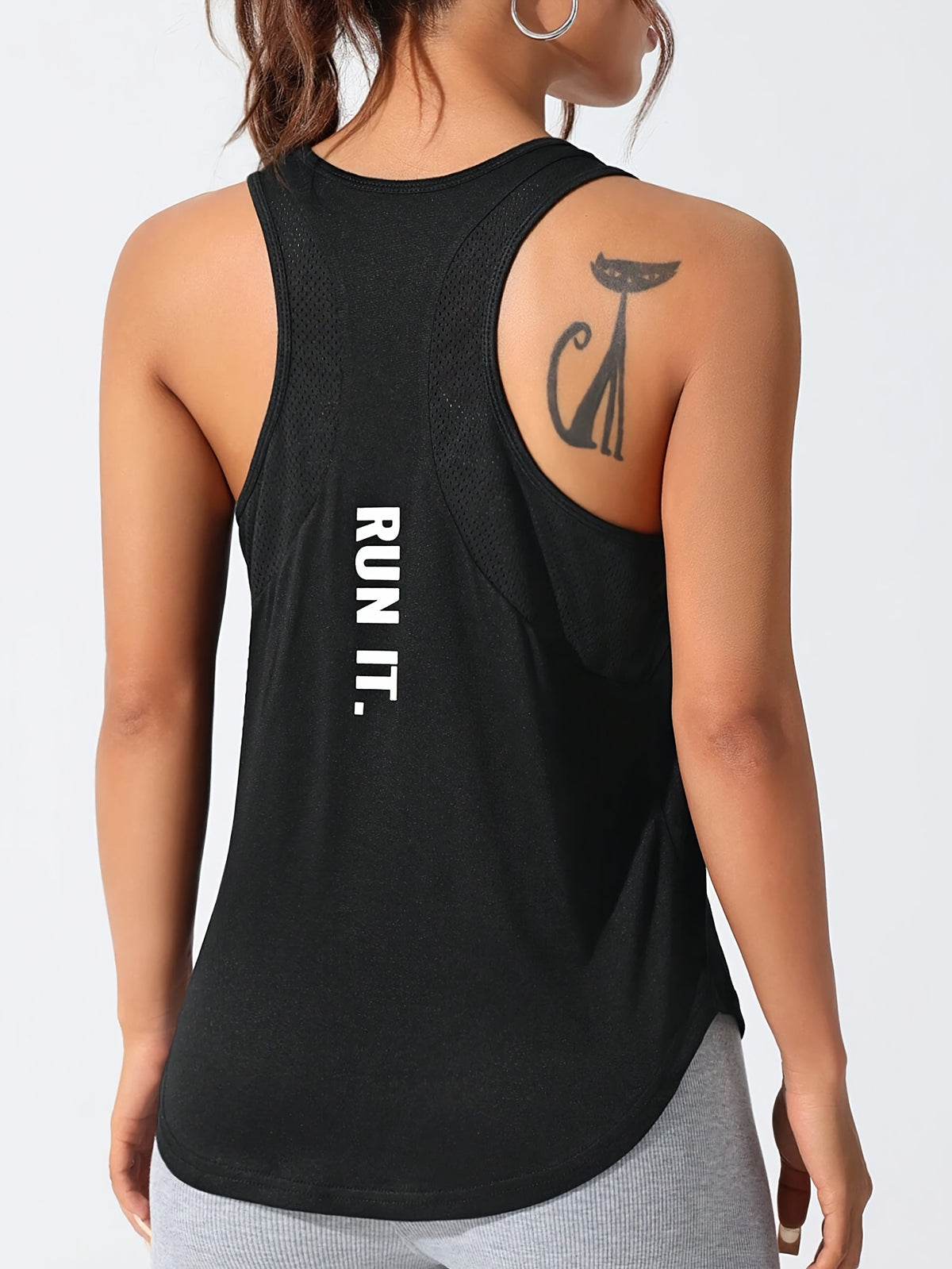 Mesh Panel Letter Print Tee & Vest Set - Black & Dark Blue