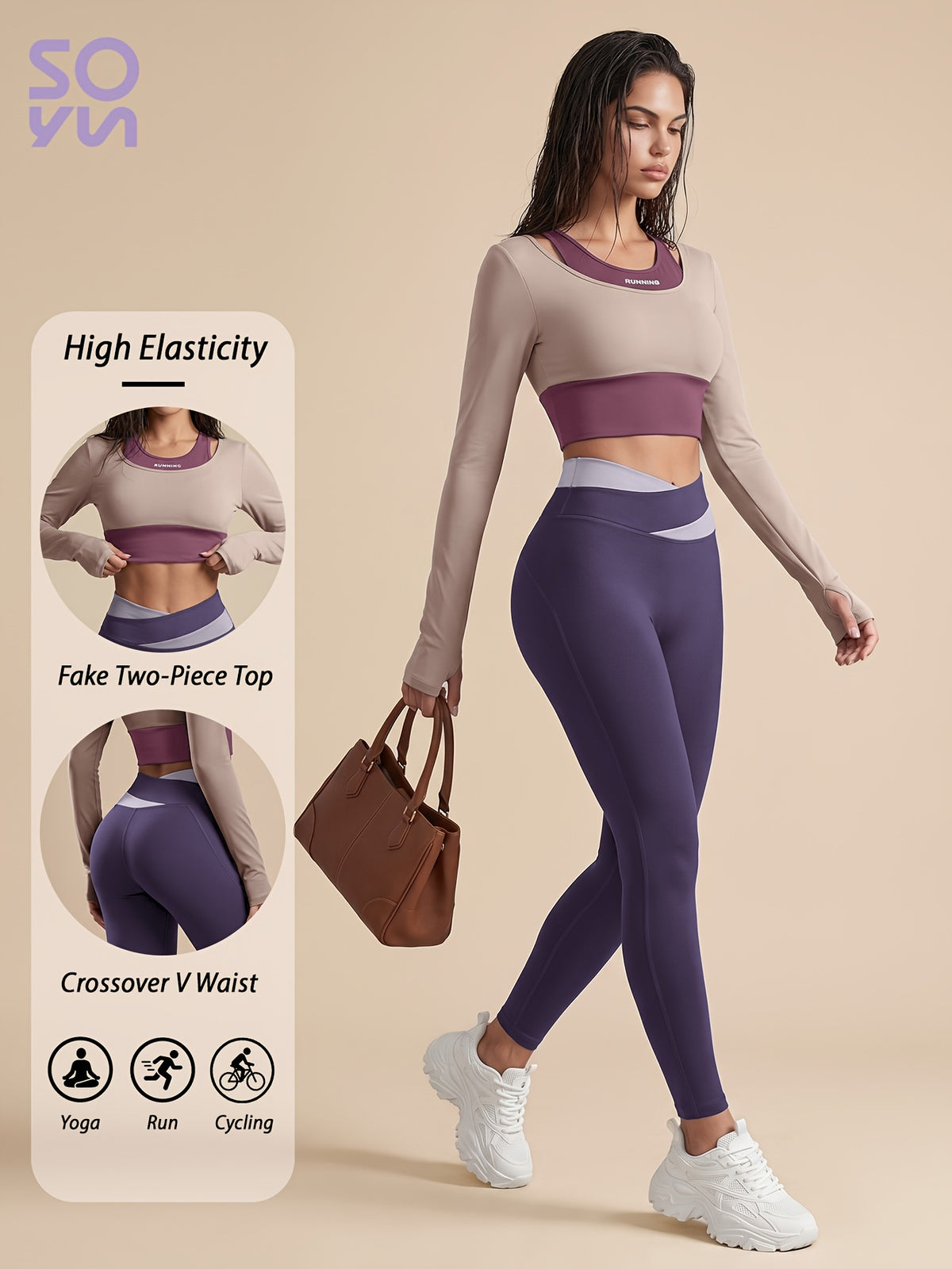 Faux Two-Piece Contrast Top & Leggings Set - Light Purple & Dark Purple