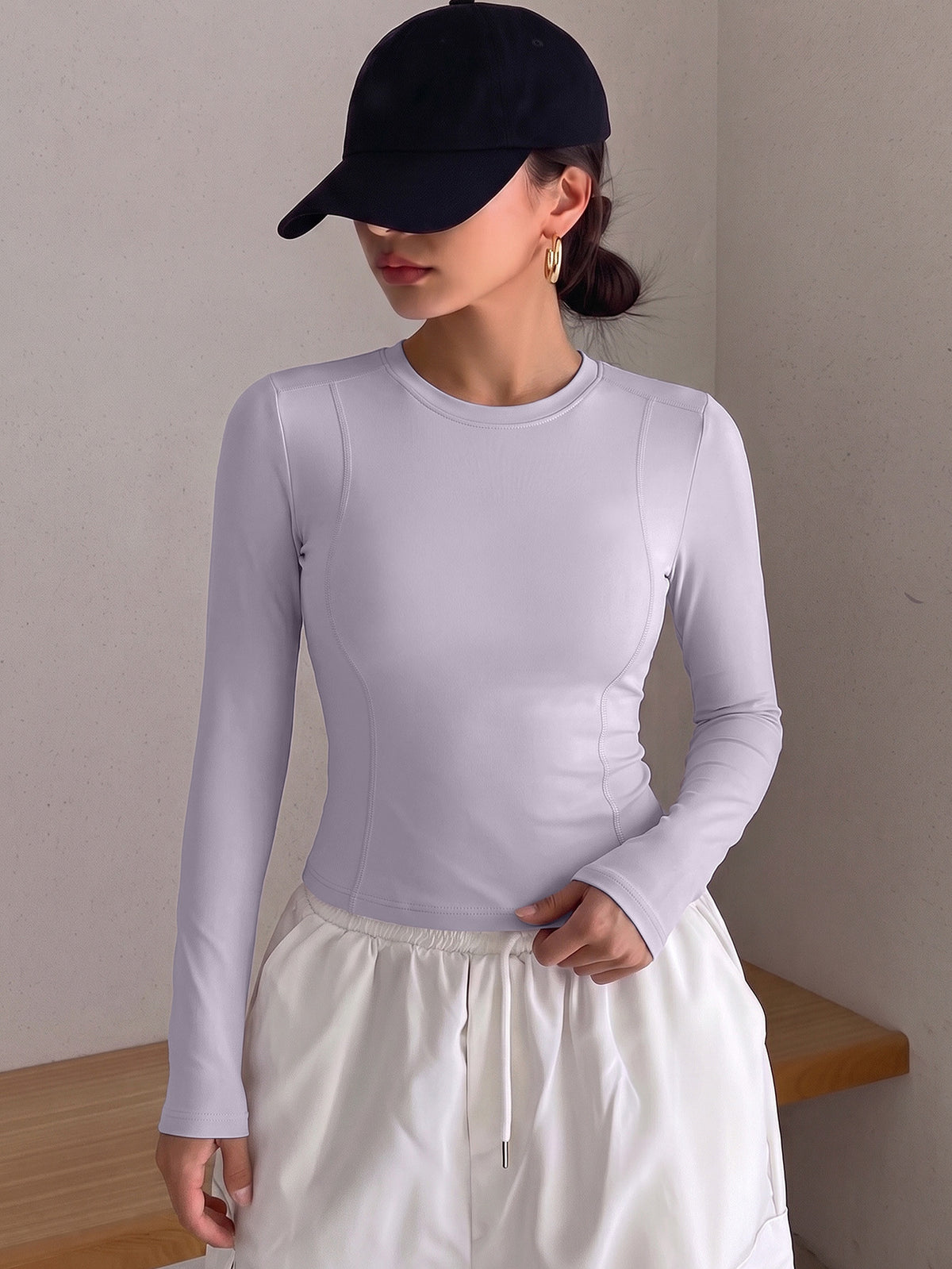 Round Neck Shaping Long Sleeve Top - Light Purple