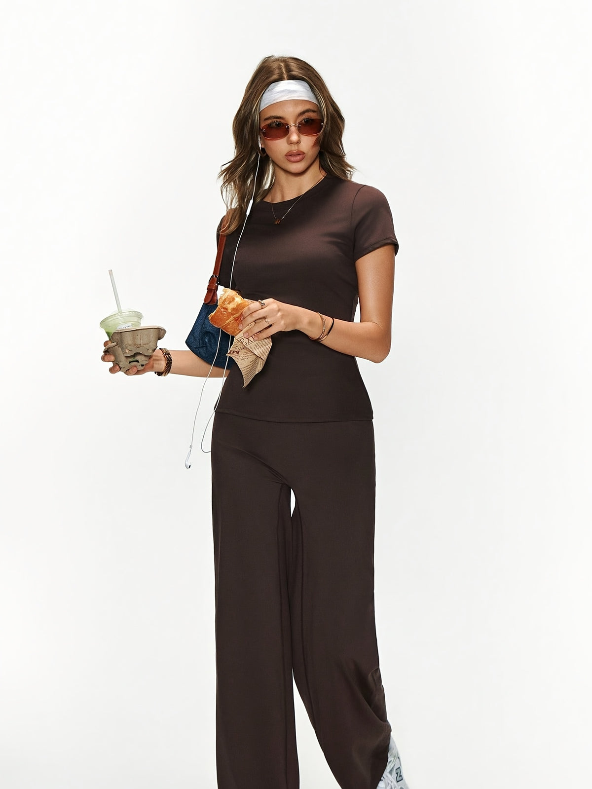 Tee & Wide Leg Pants Set - Coffee
