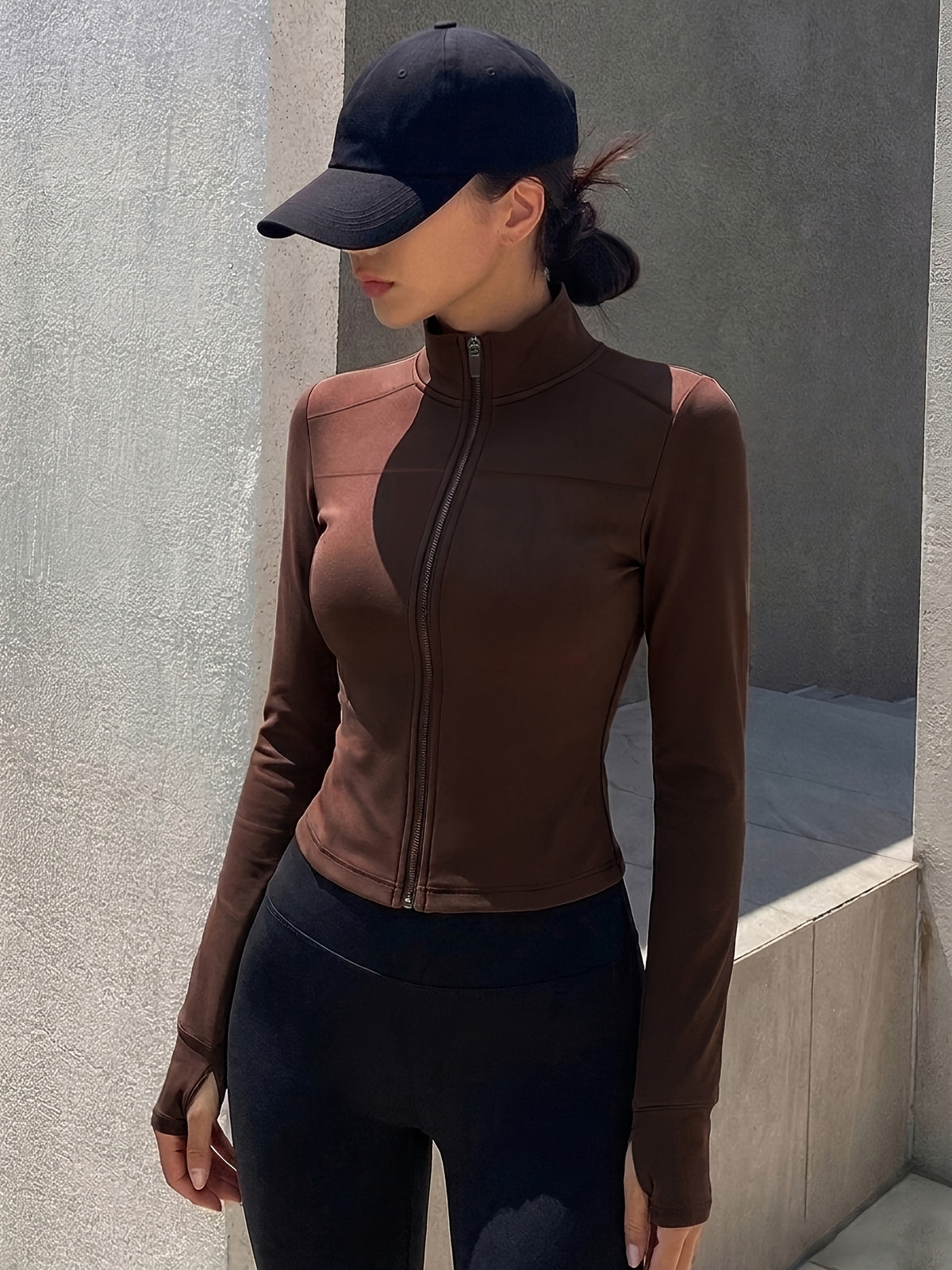 Lined Stand Collar Cropped Zip Jacket - Coffee