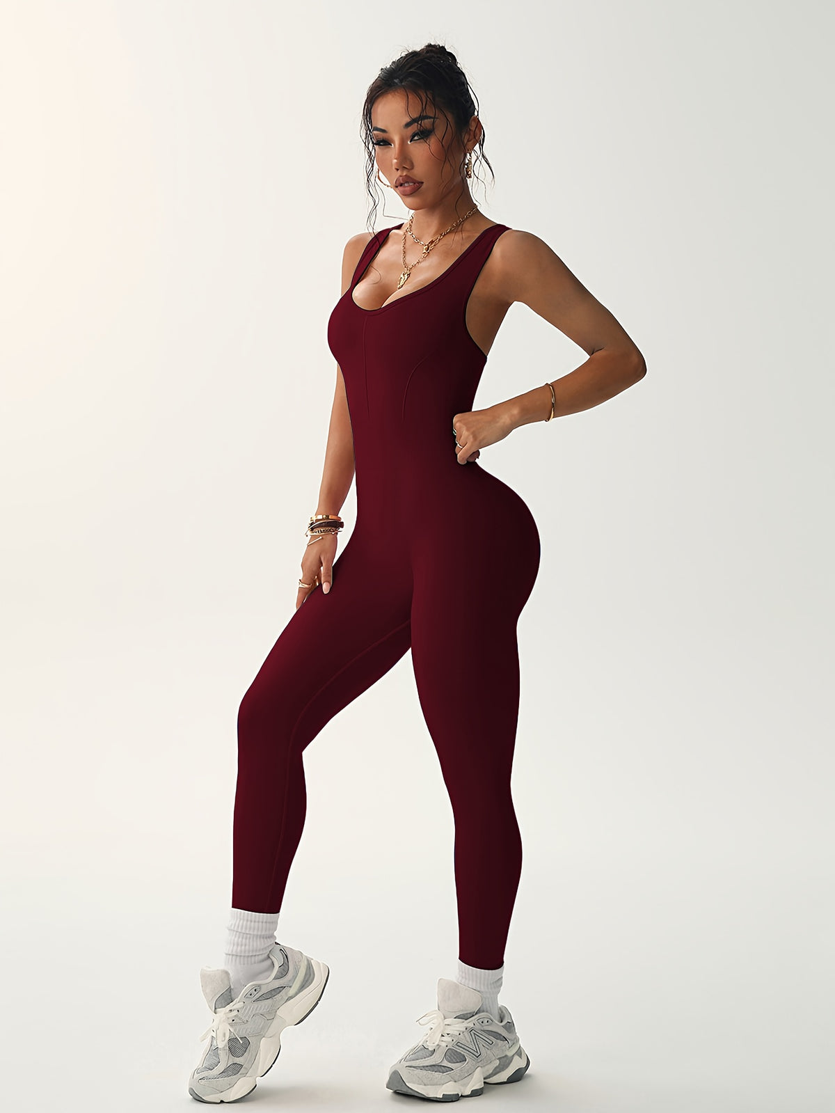 Open Back Square Neck Jumpsuit - Burgundy