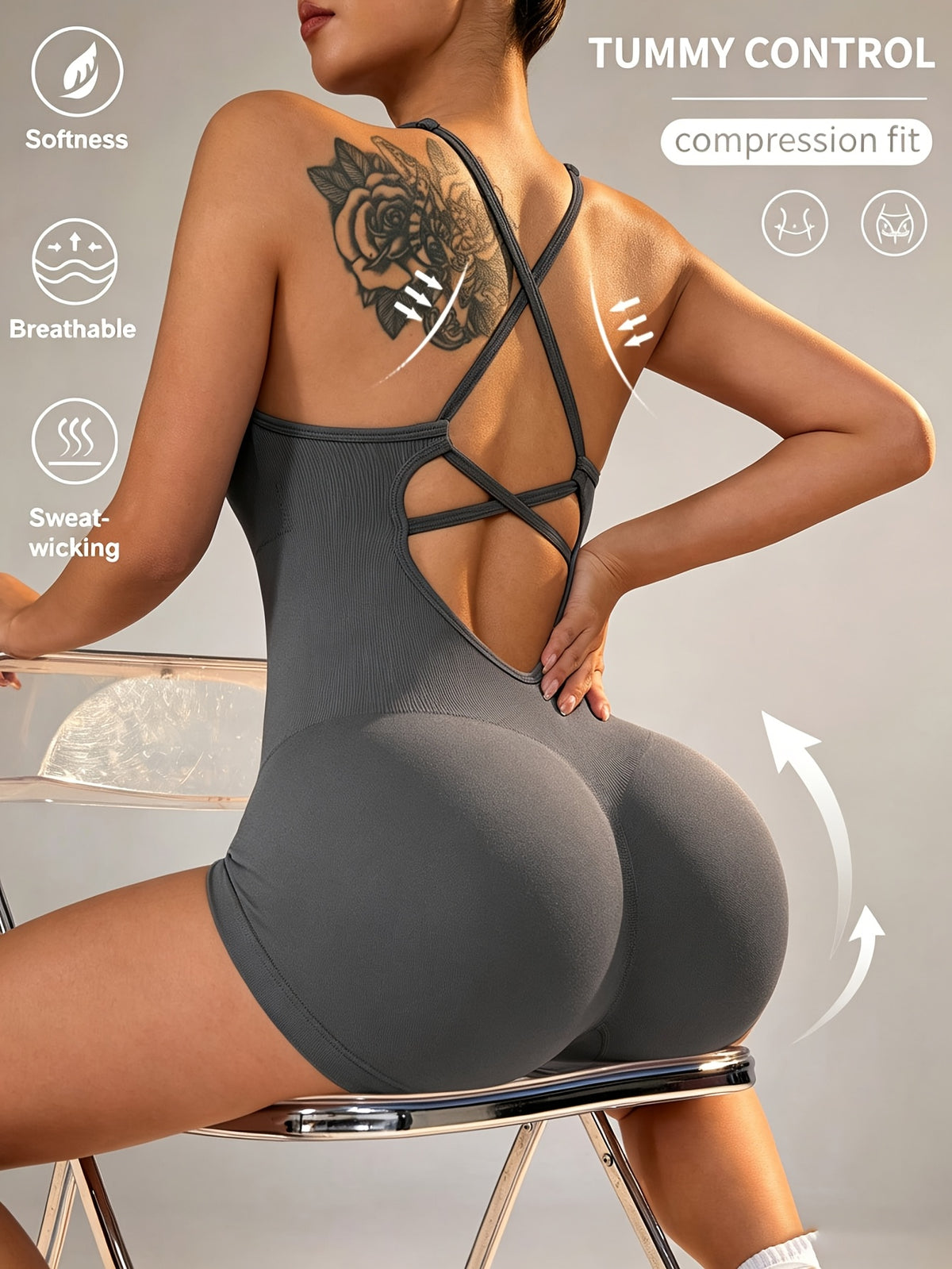 Seamless Cross Back Yoga Bodysuit - Dark Gray