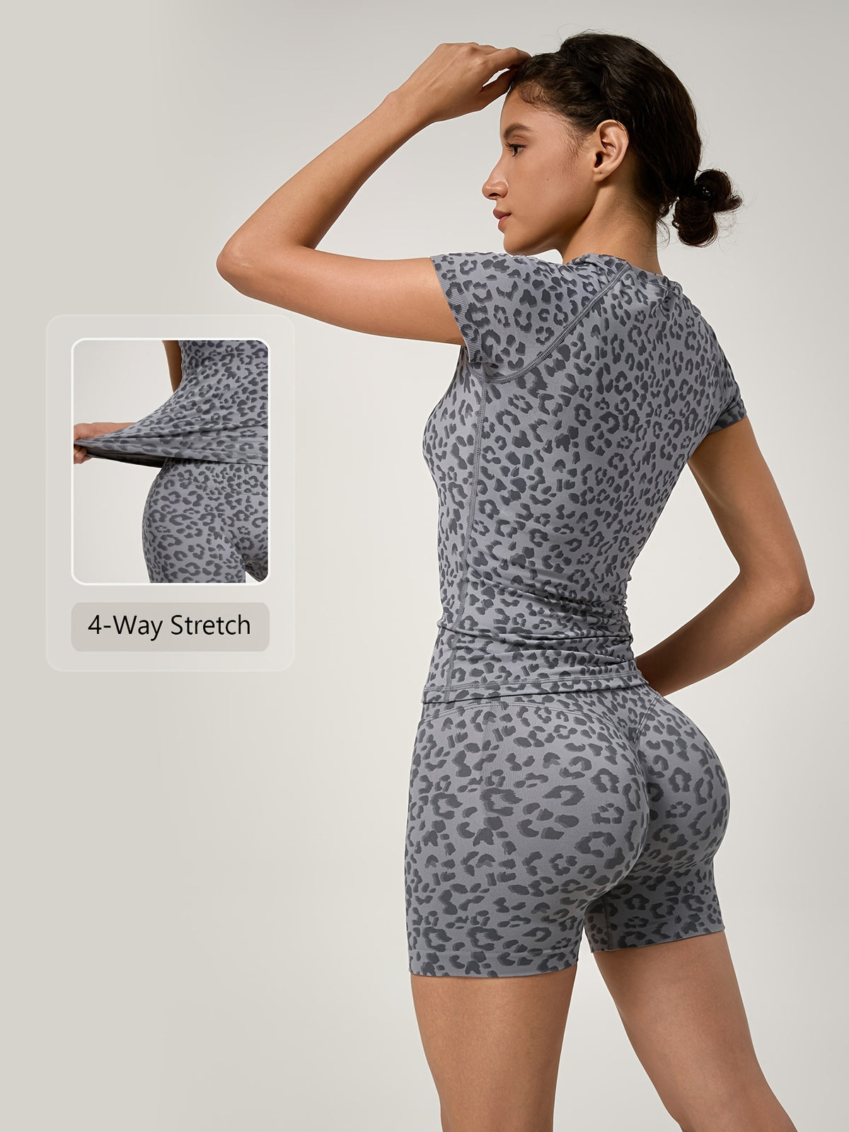 Leopard Tee & Biker Shorts Set - Grey