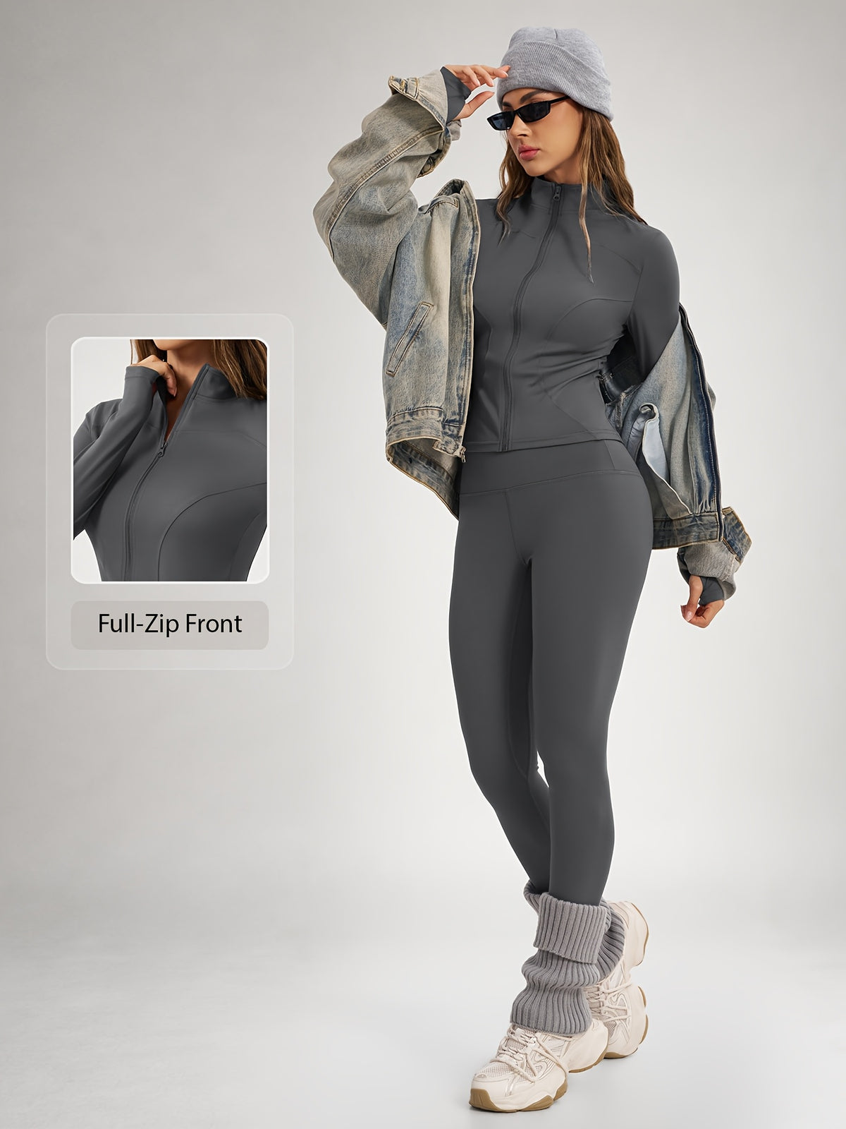 Thumbhole Cropped Zip Jacket & Leggings Set - Grey