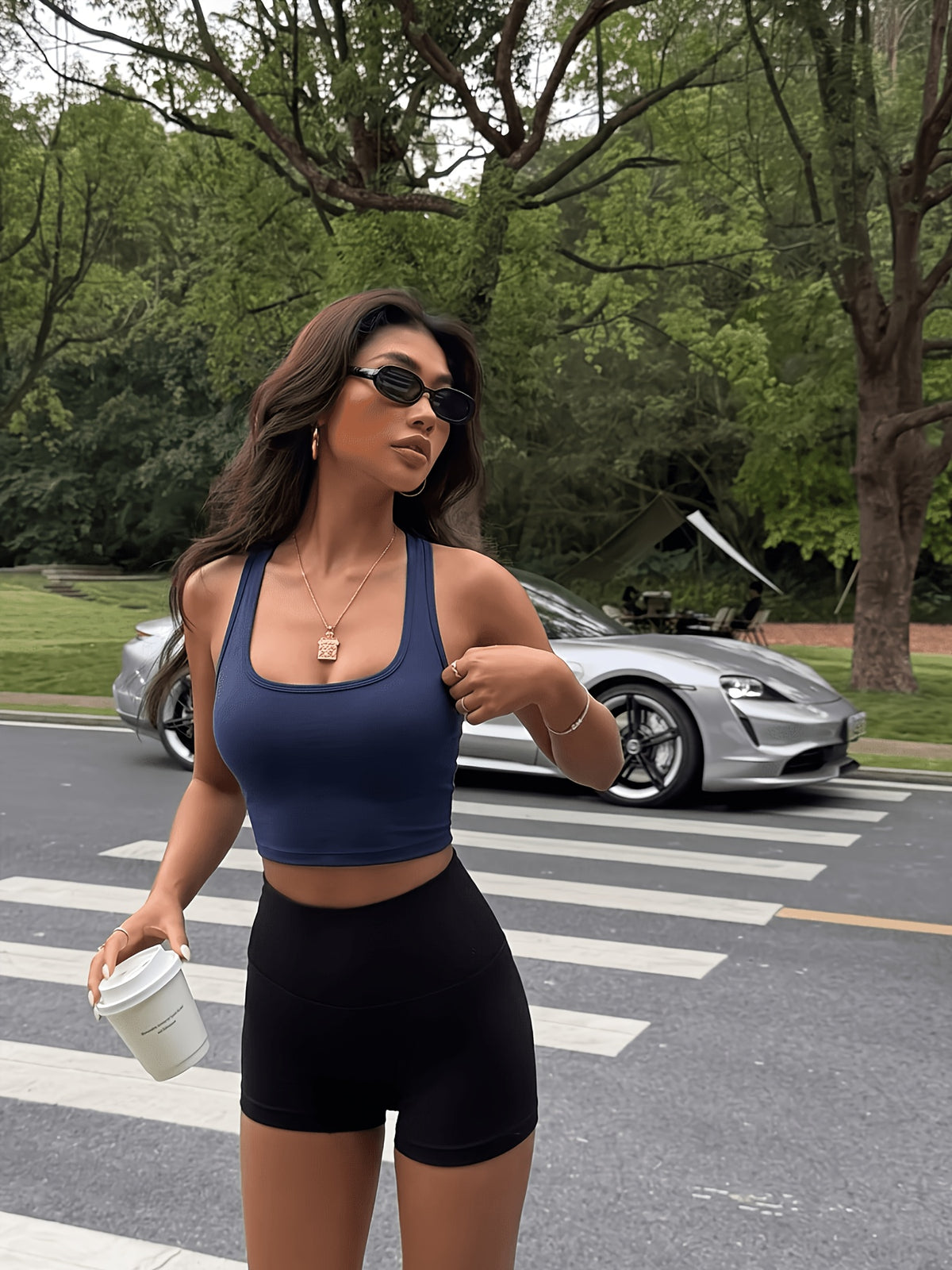 Cross Back Padded Tank Top - Navy