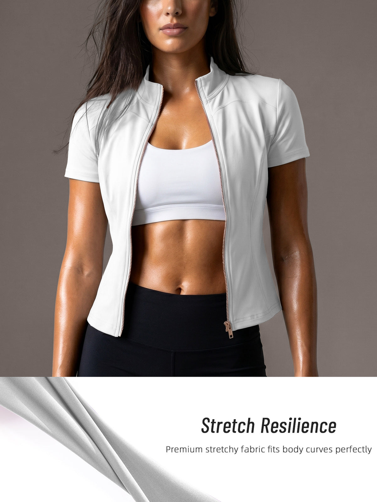 Short Sleeve Stand Collar Zip Jacket - White