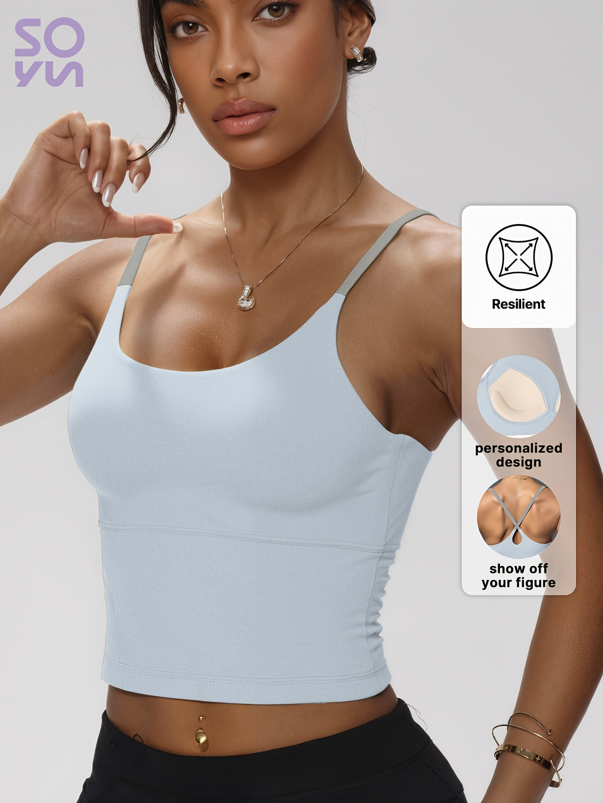 Color Block Padded Yoga Cami - Lake Blue