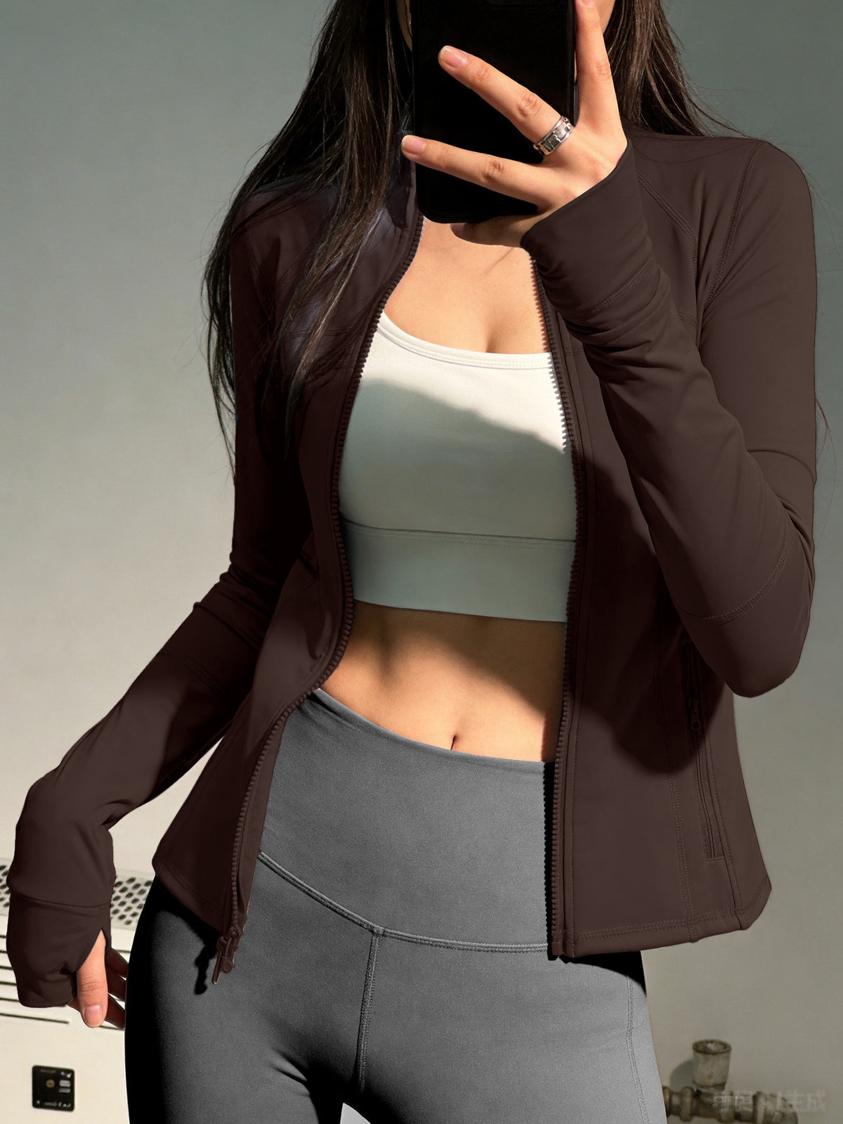 Half Zip Thumb Loop Slim Jacket - Coffee