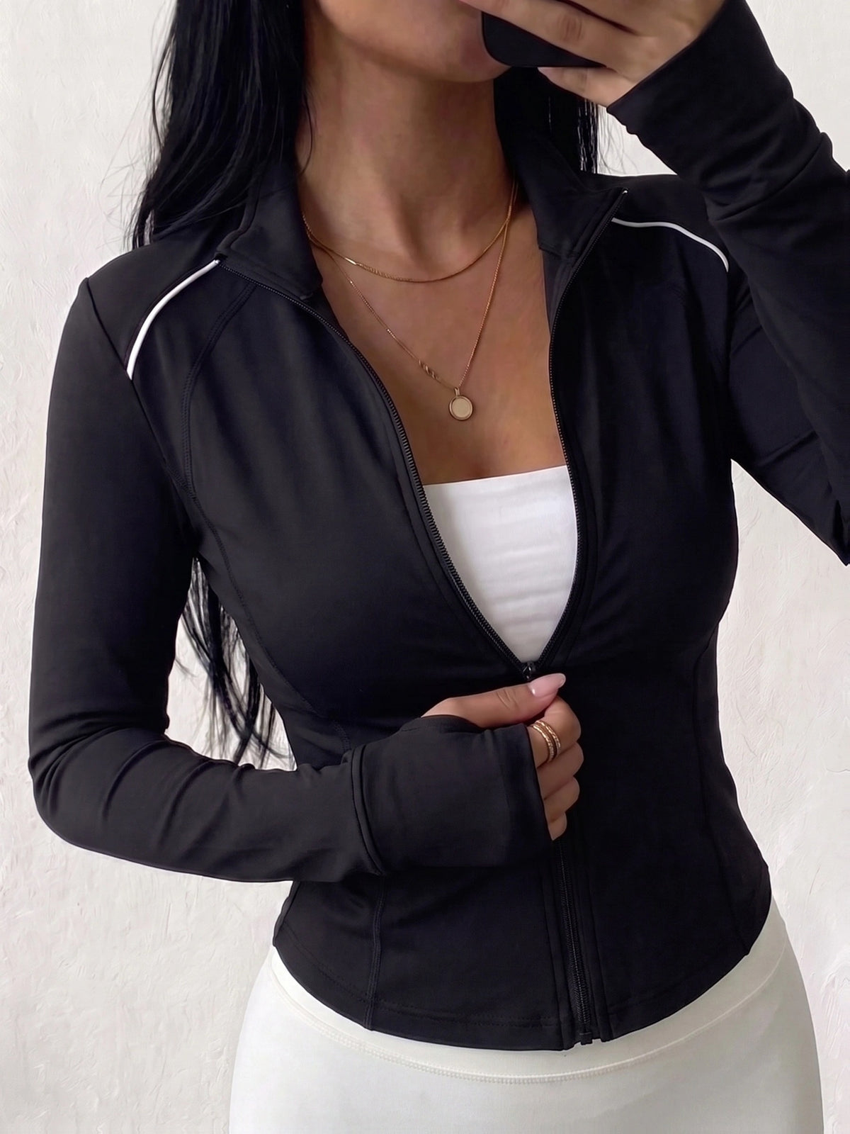 Contrast Line Cropped Zip Jacket - Black