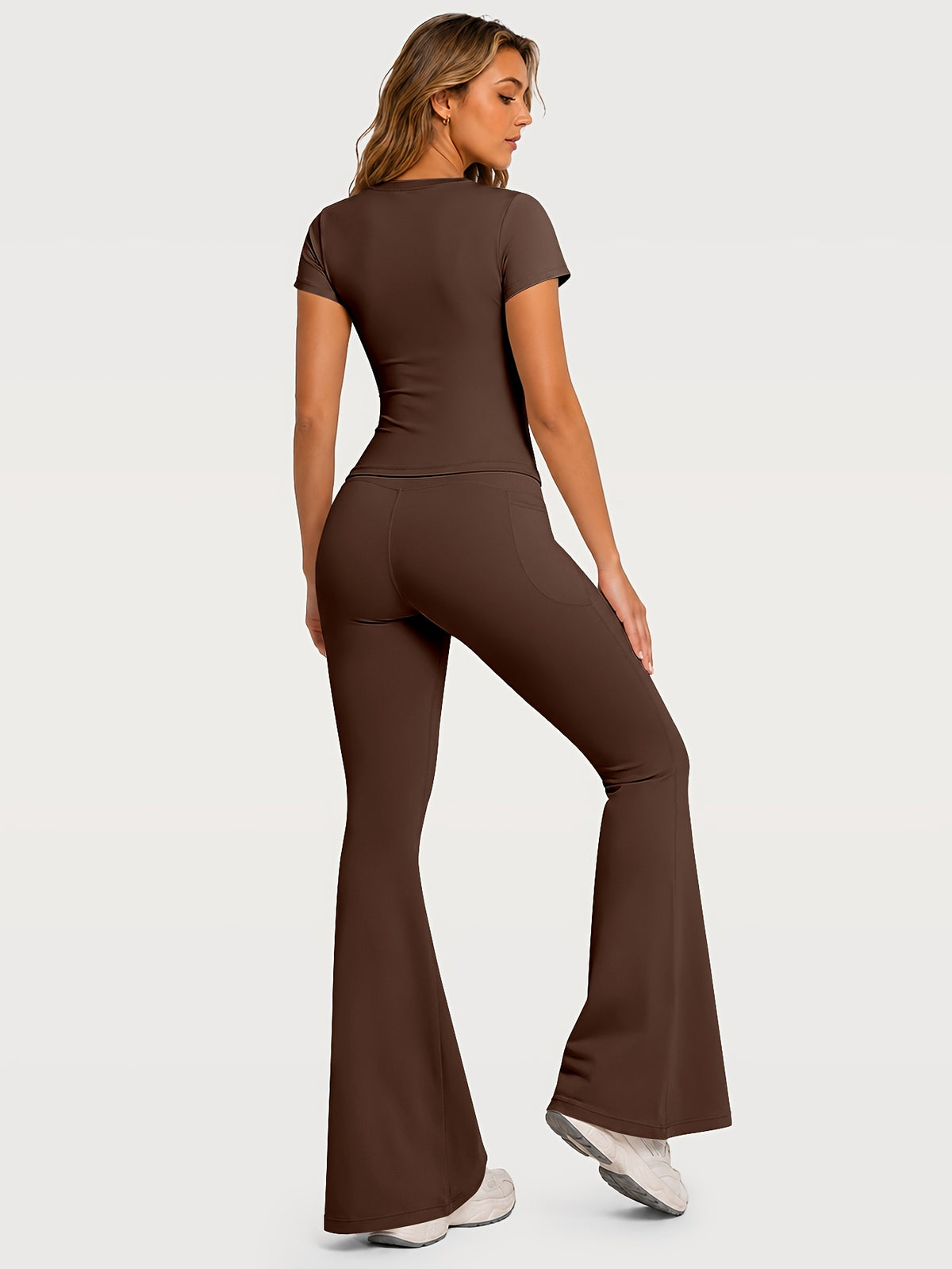 Fitted Tee & Flare Pants Set - Brown