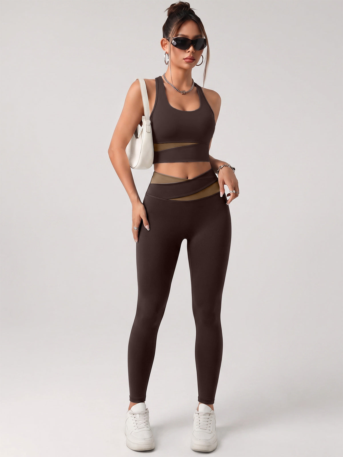 Contrast Bra & Lifting Yoga Pants Set - Brown