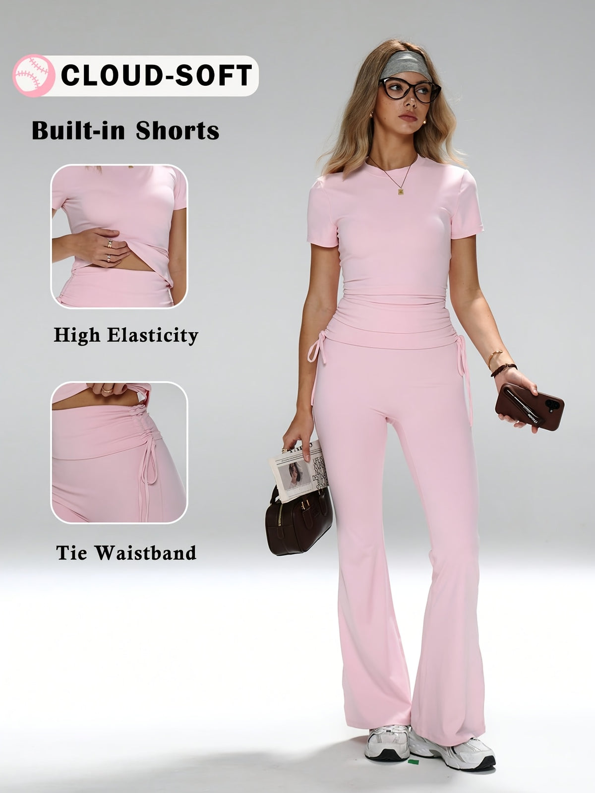 Round Neck Top & Drawstring Flare Pants Set - Pink Red