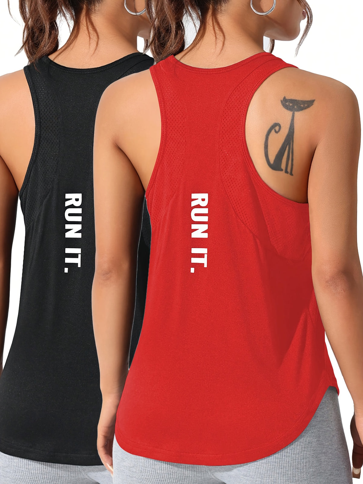 Mesh Panel Letter Print Tee & Vest Set - Black & Red