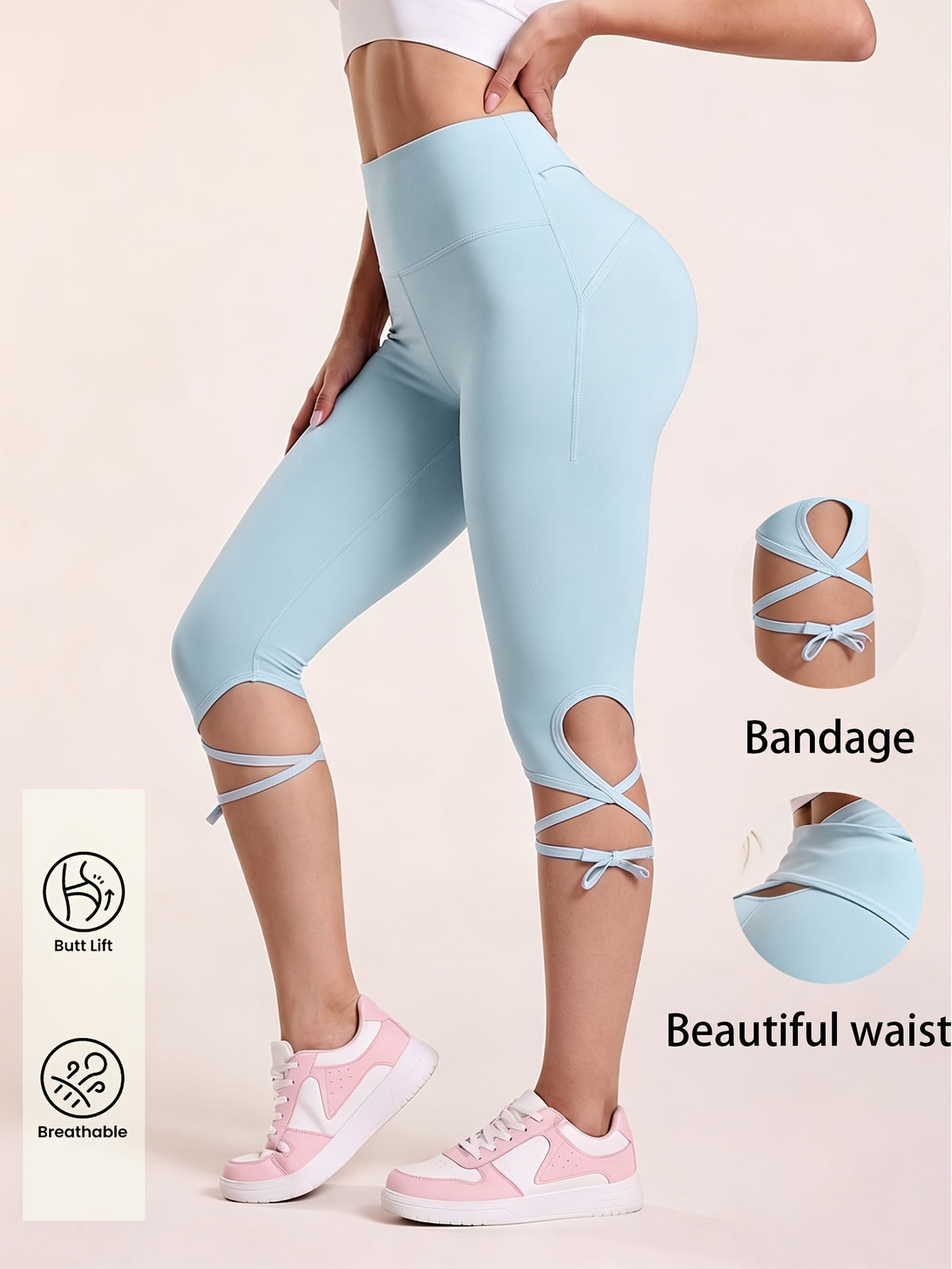 Cross Strap Capri Leggings - Light Blue