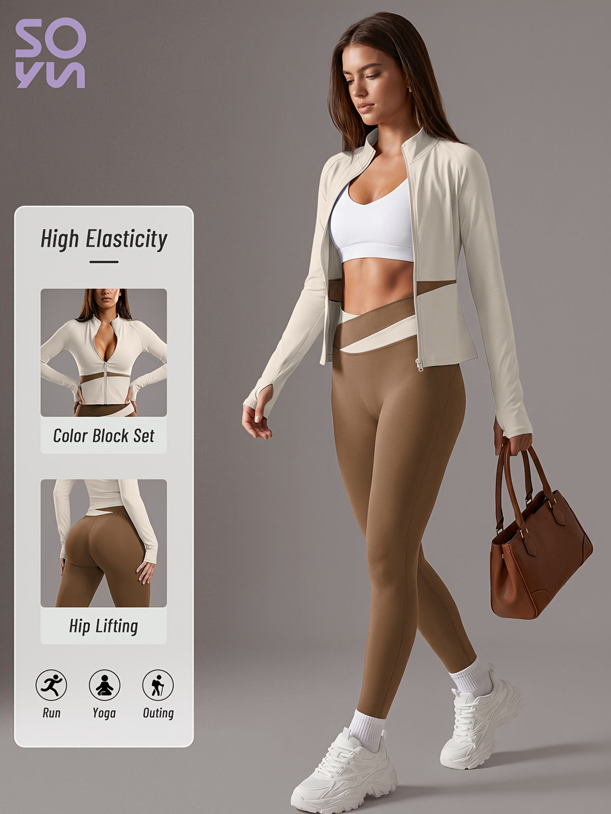 Color Block Cardigan Jacket & Slim Pants Set - Ivory White & Linen