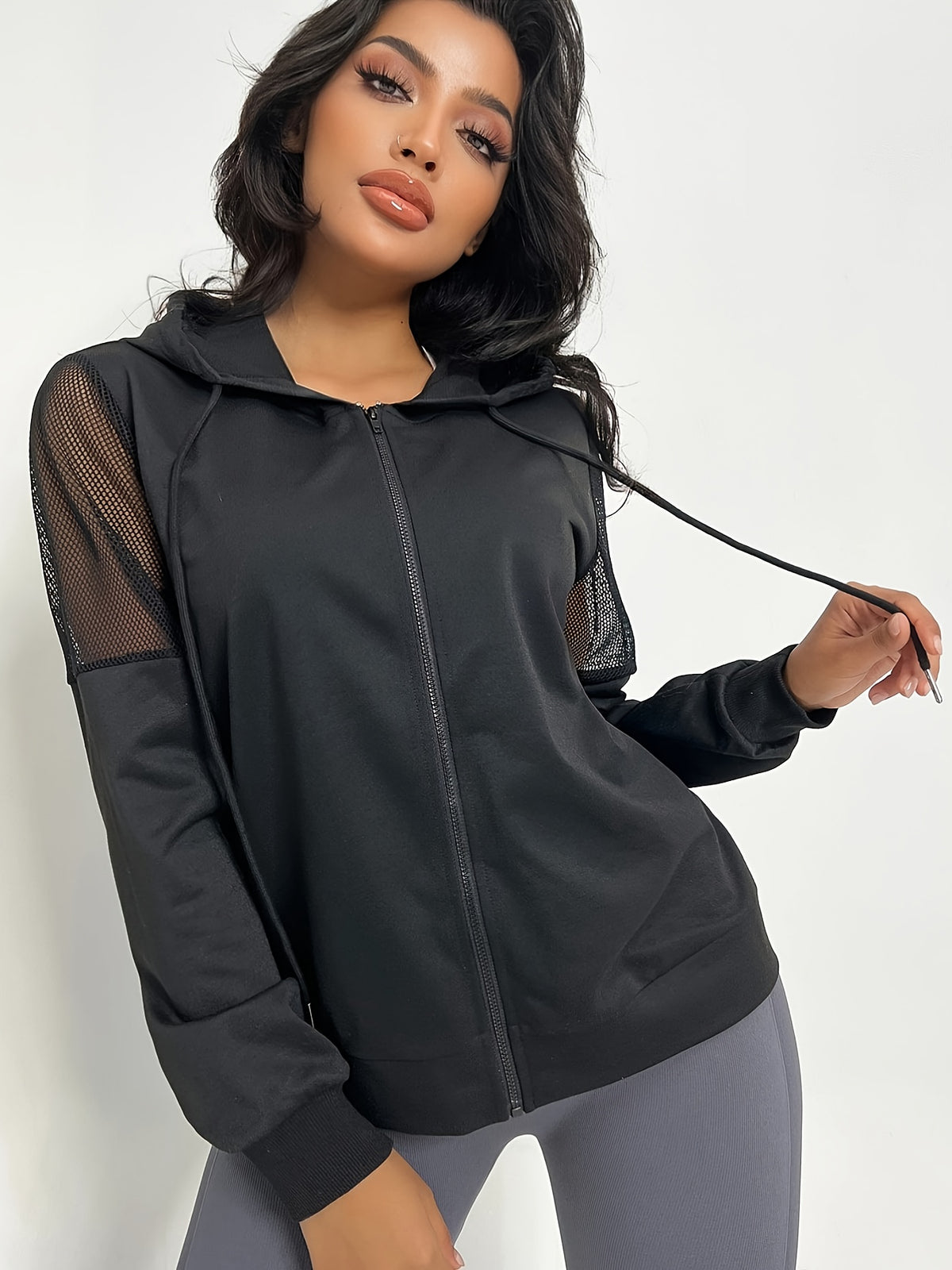 Mesh Splice Ribbed Cuff Hoodie - Black