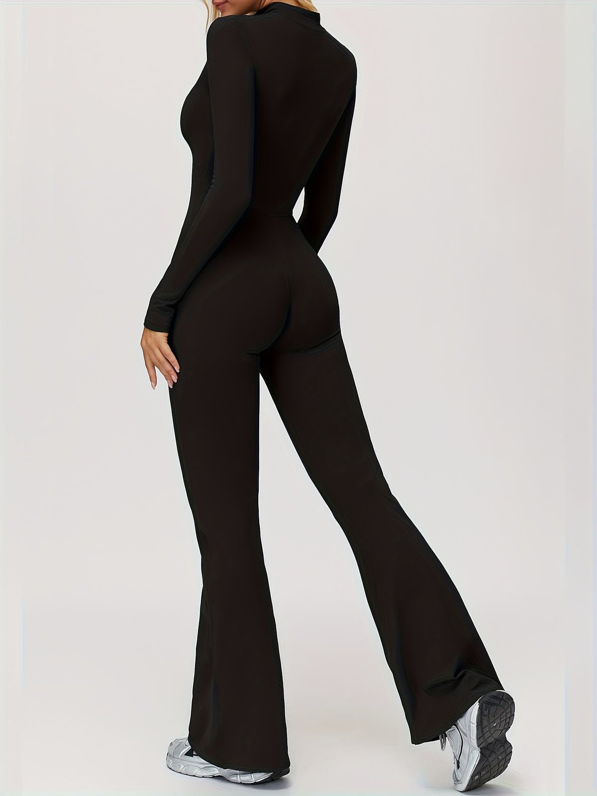 Long Sleeve Zip Flared Jumpsuit - Black