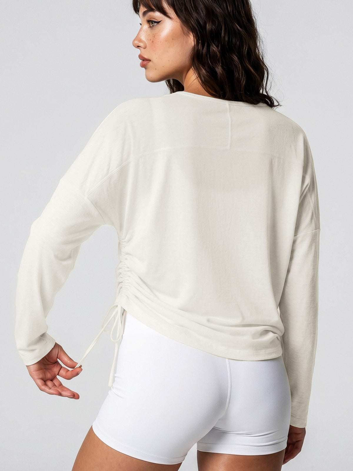 Ruched Drawstring Long Sleeve Top - White