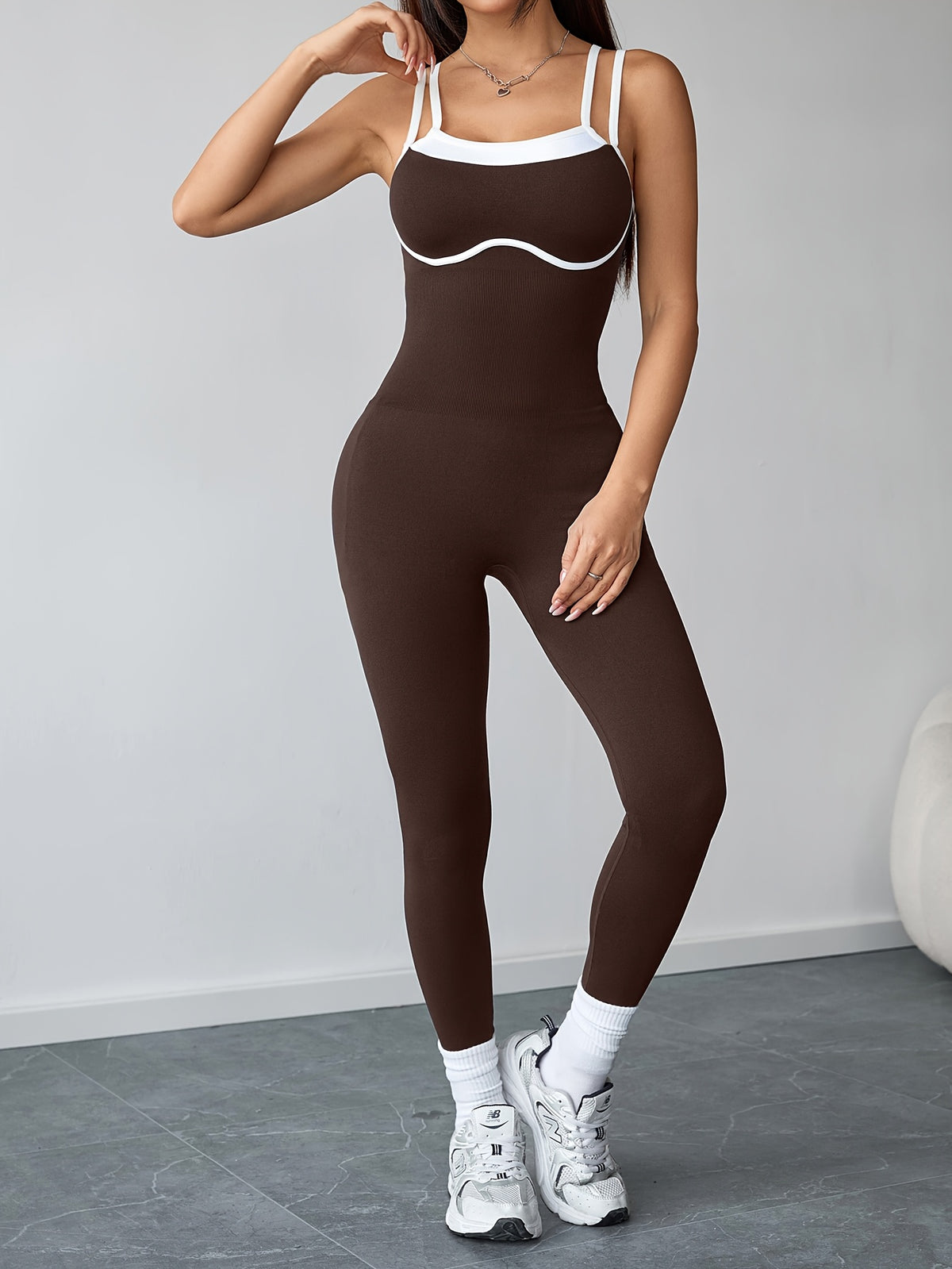 Contrast Trim Cami Jumpsuit - Coffee