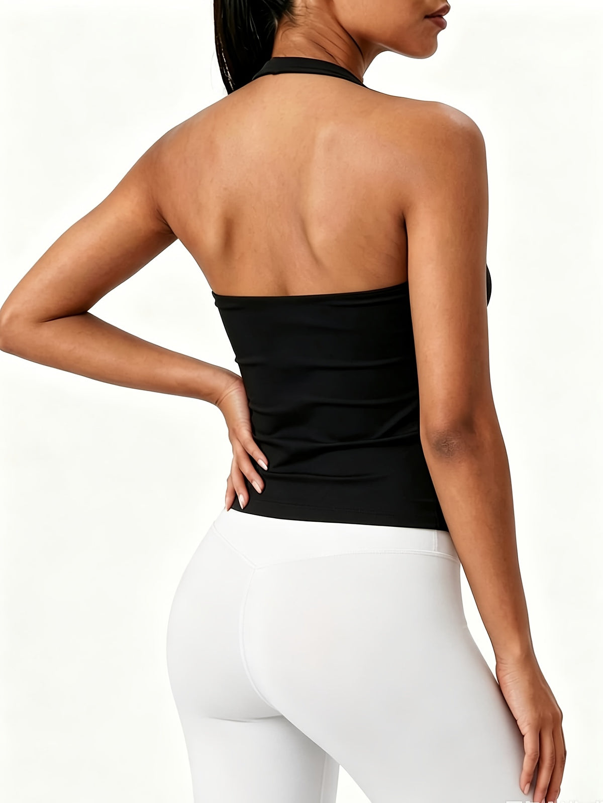 Square Neck Halter Open Back Bra - Black