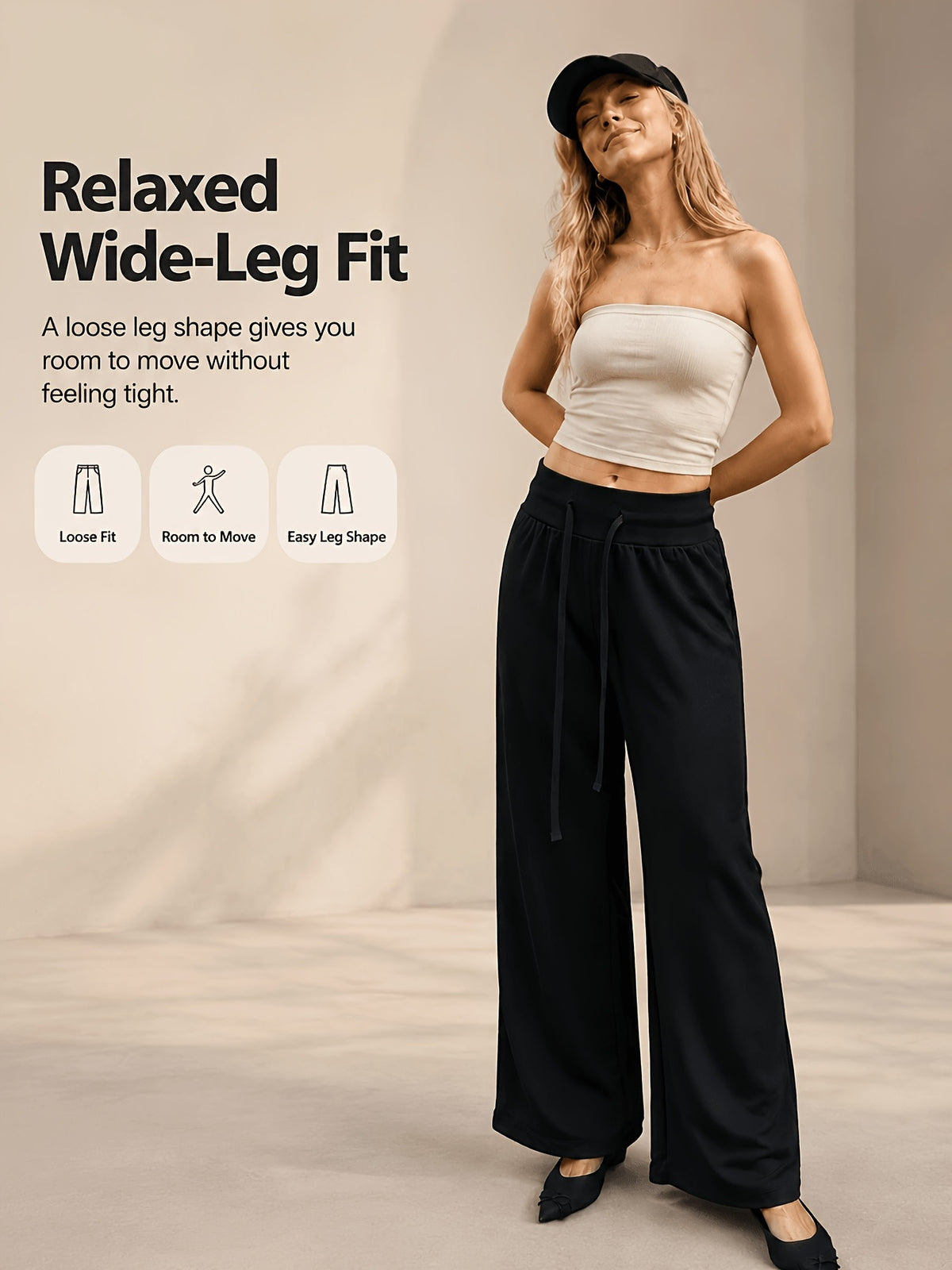 Wide Drawstring Waistband Straight Leg Pants - Black