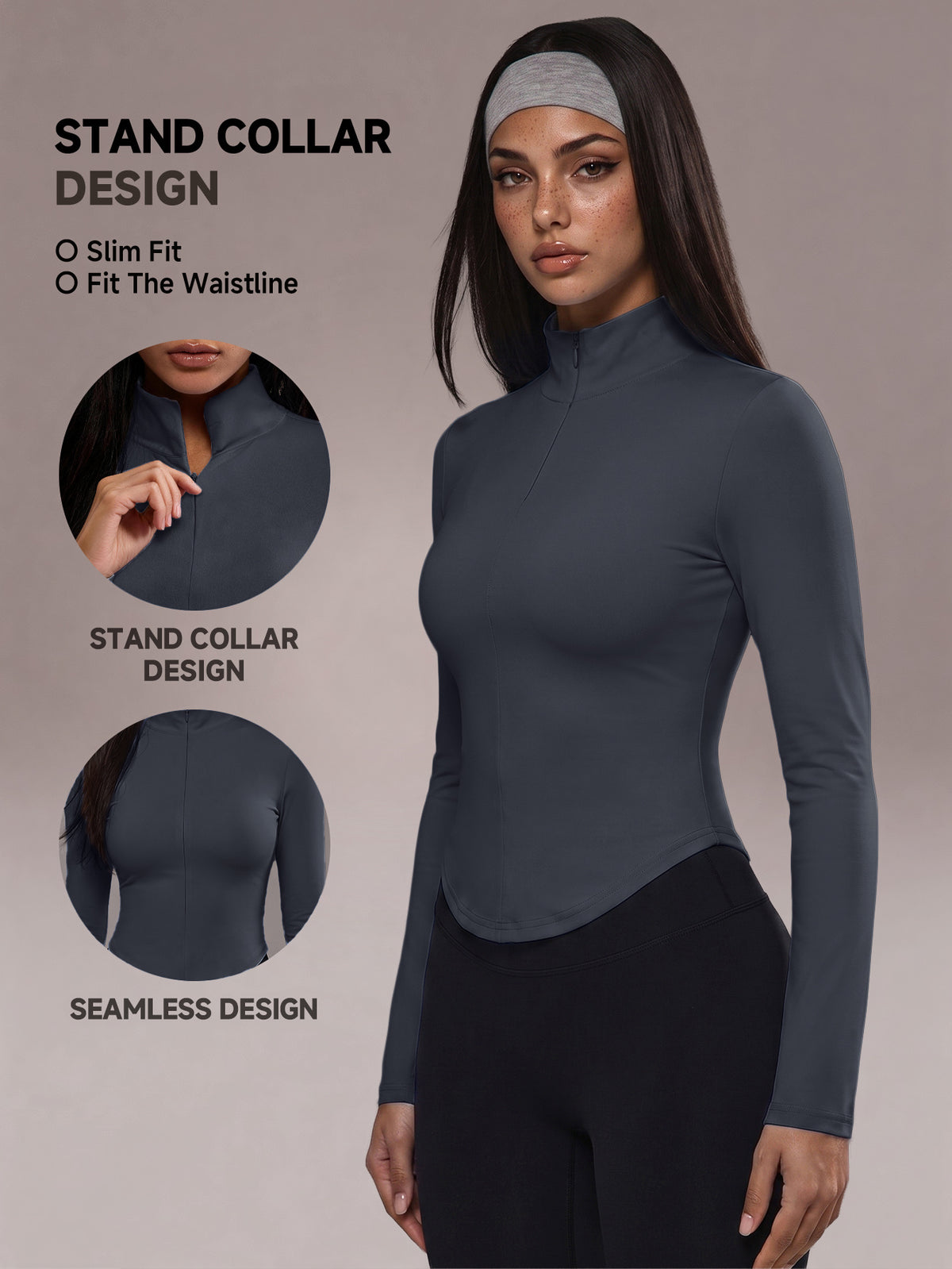 Half Zip Curved Hem Top - Dark Gray
