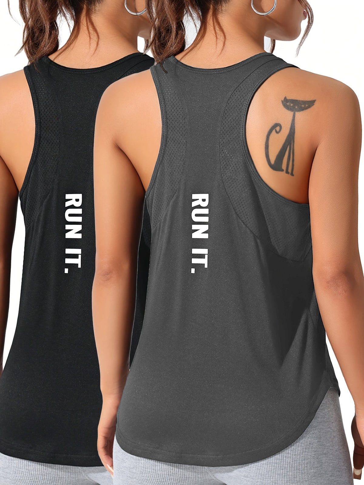 Mesh Panel Letter Print Tee & Vest Set - Black & Dark Gray