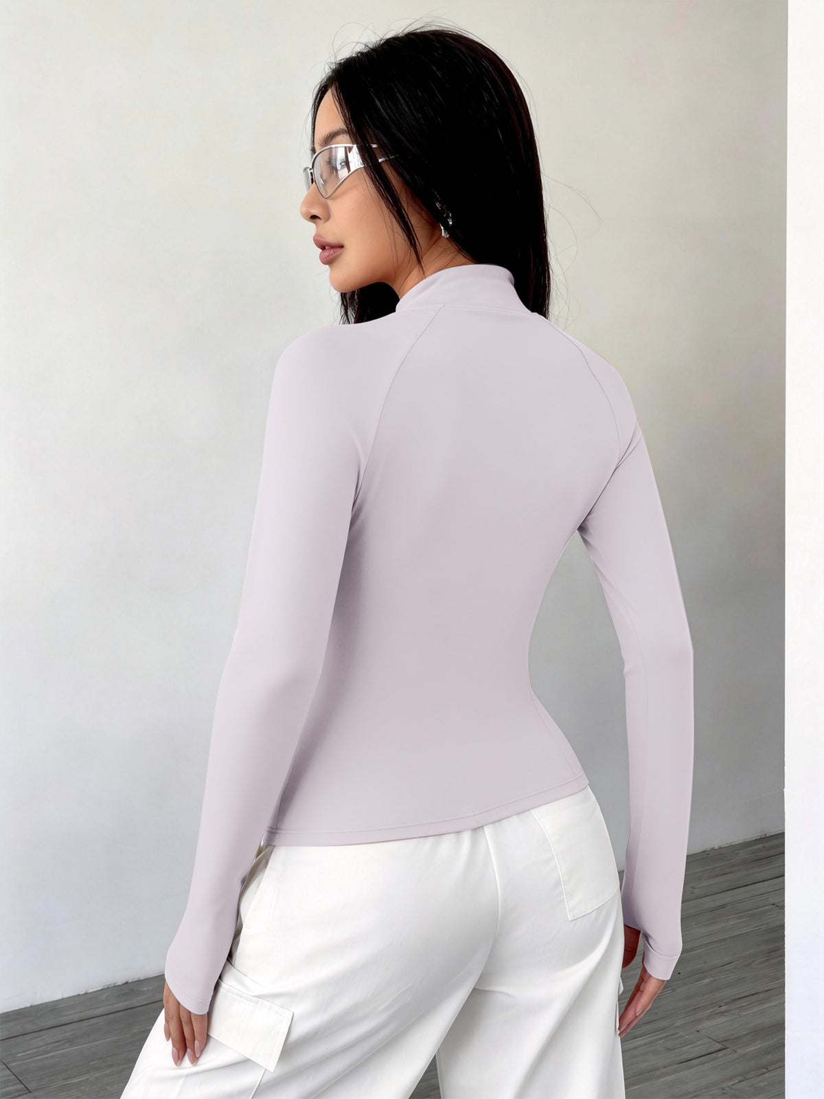 Spliced Full Zip Thumb Loop Top - Light Purple
