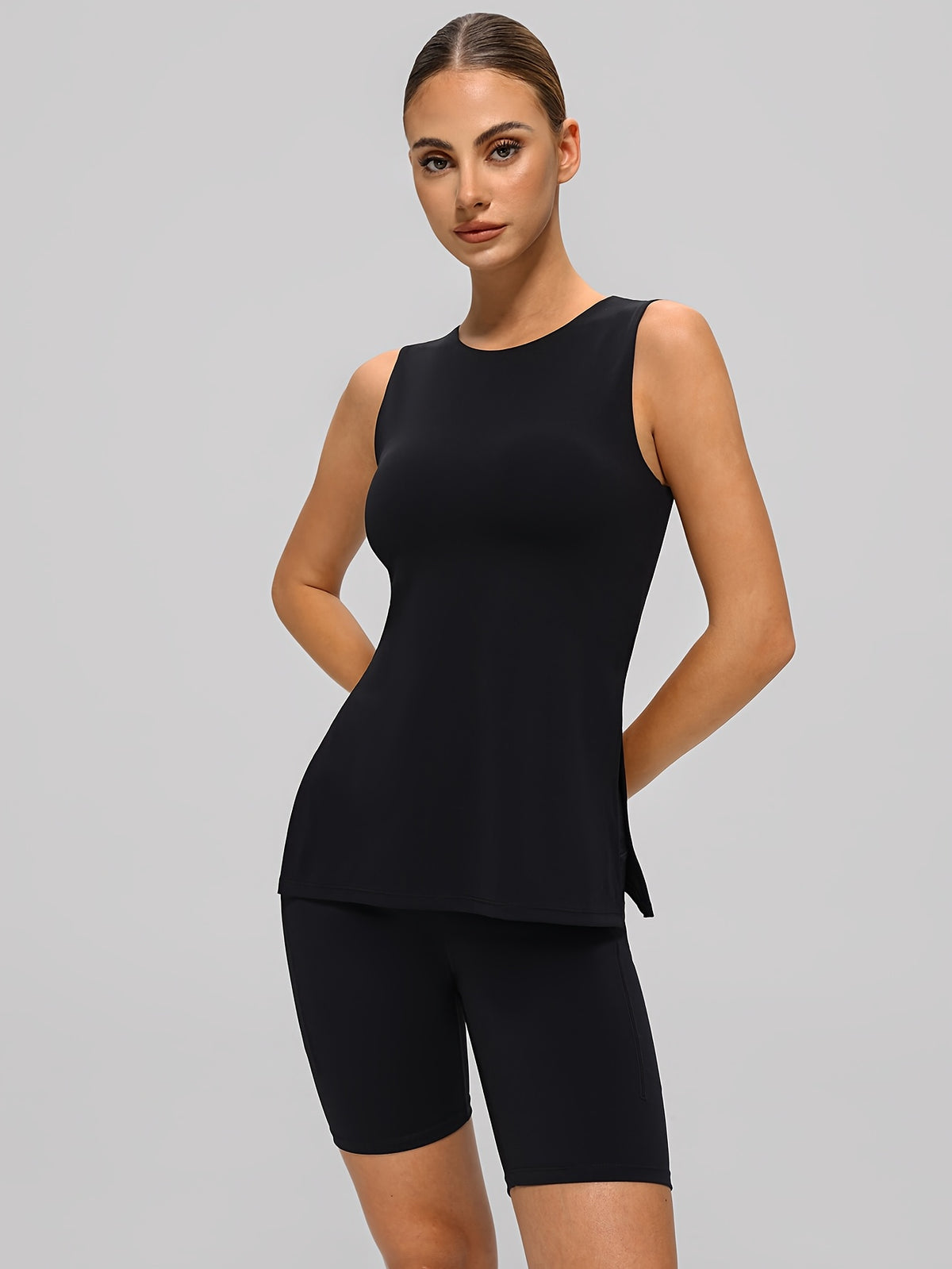 Side Slit Tank & Shorts Set - Black