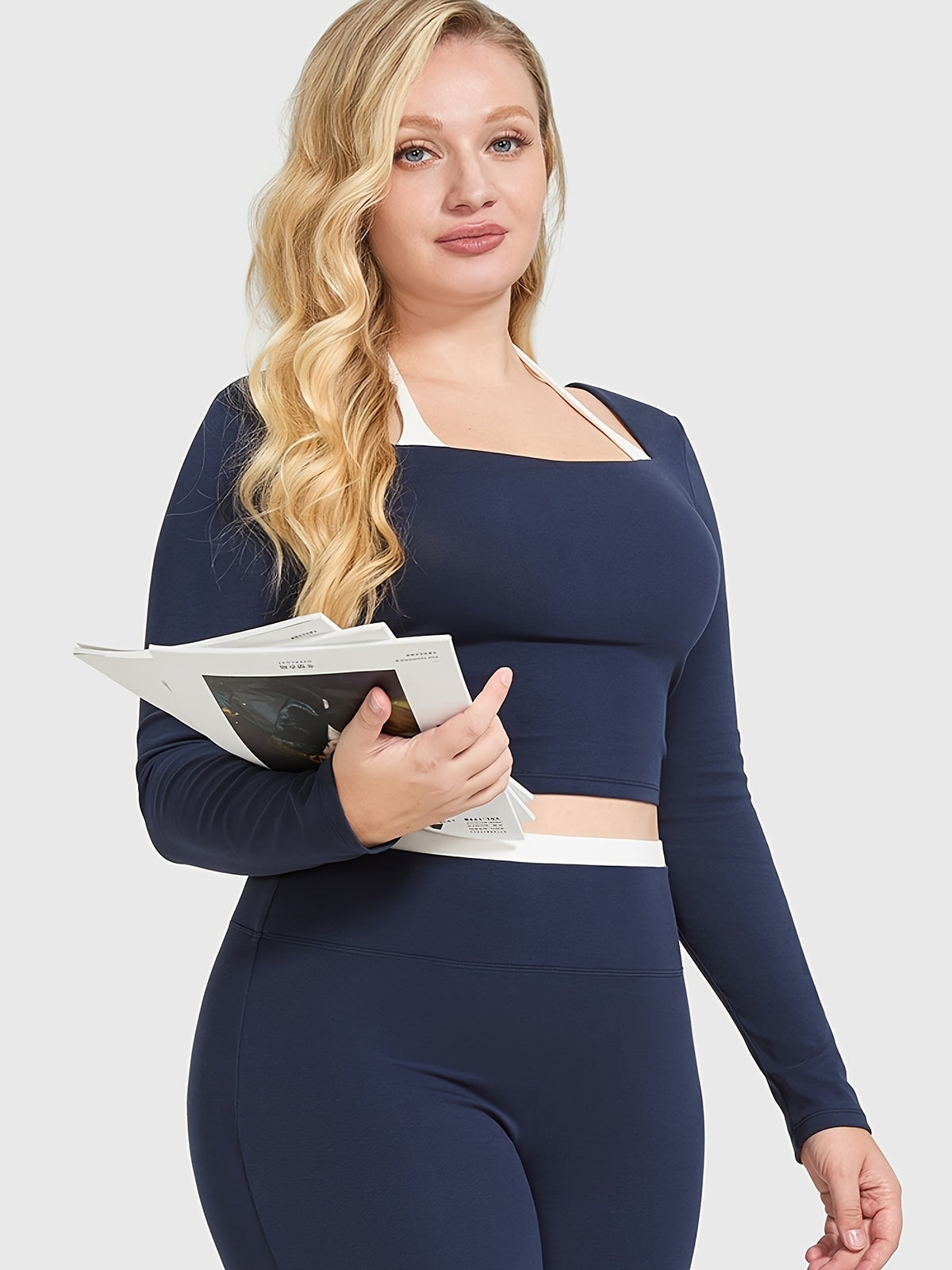 Open Neck Long Sleeve Yoga Top - Navy