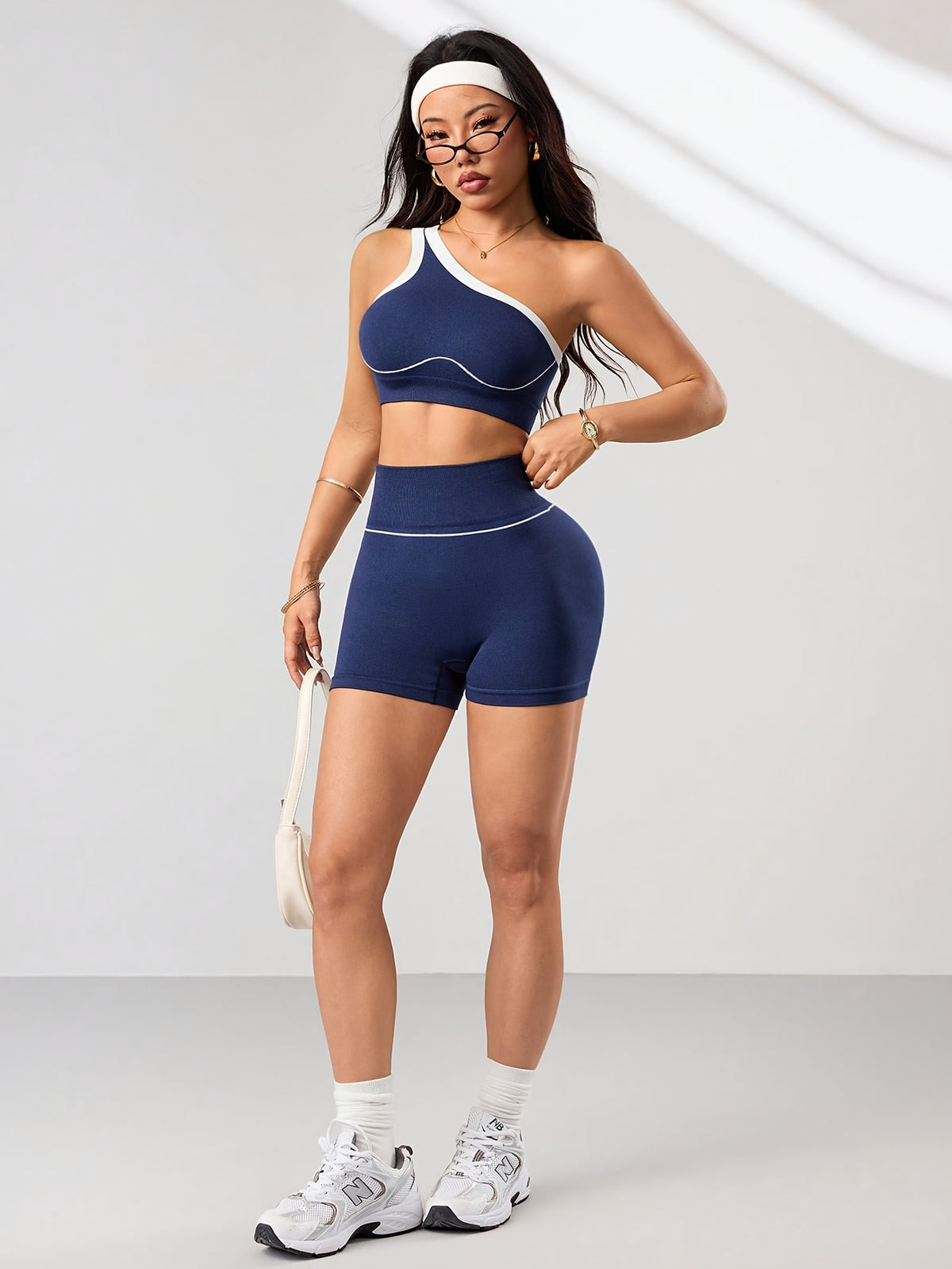 One Shoulder Bra & Shorts Set - Navy