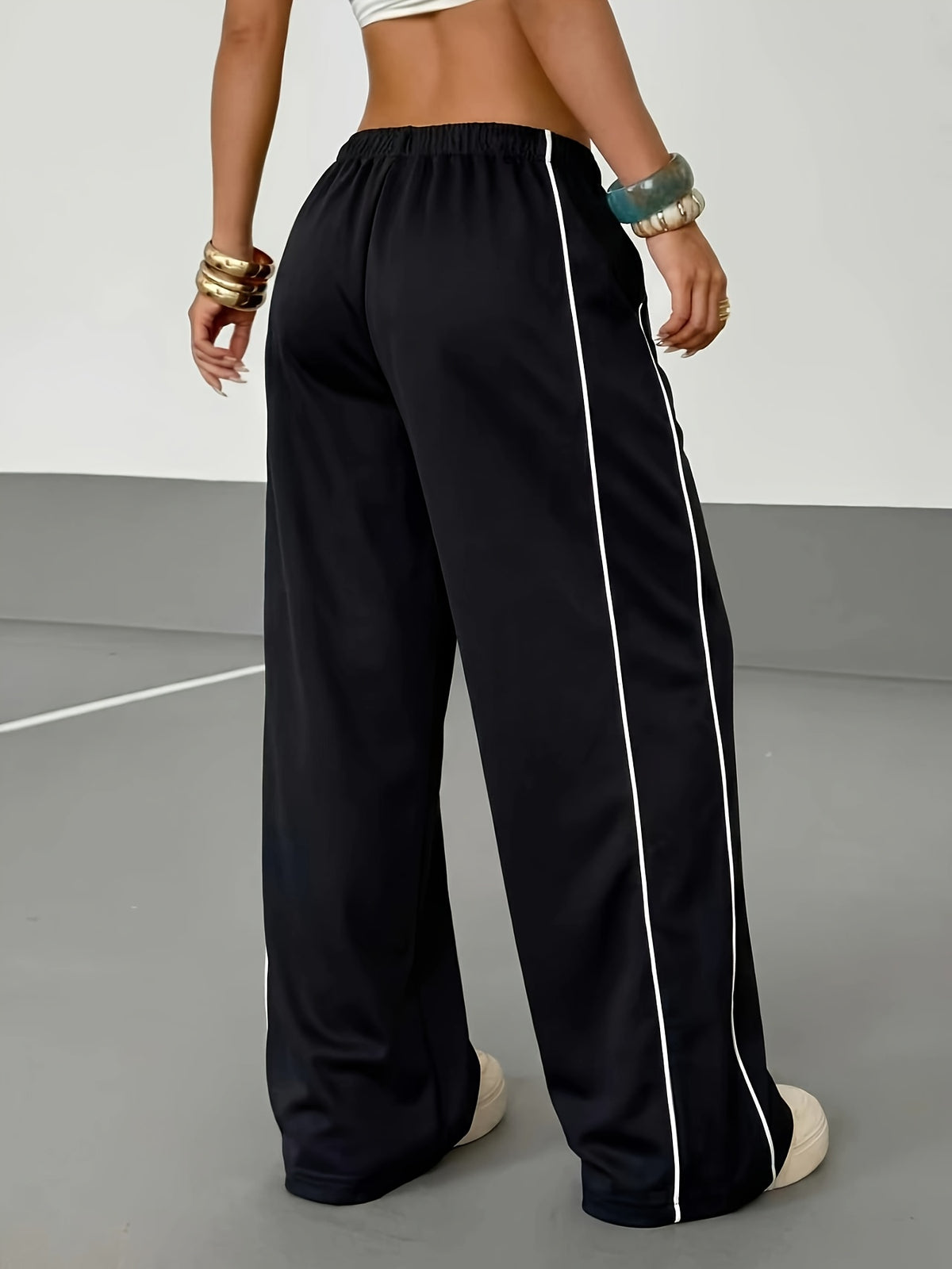 Contrast Stitch Drawstring Wide Leg Pants - Black
