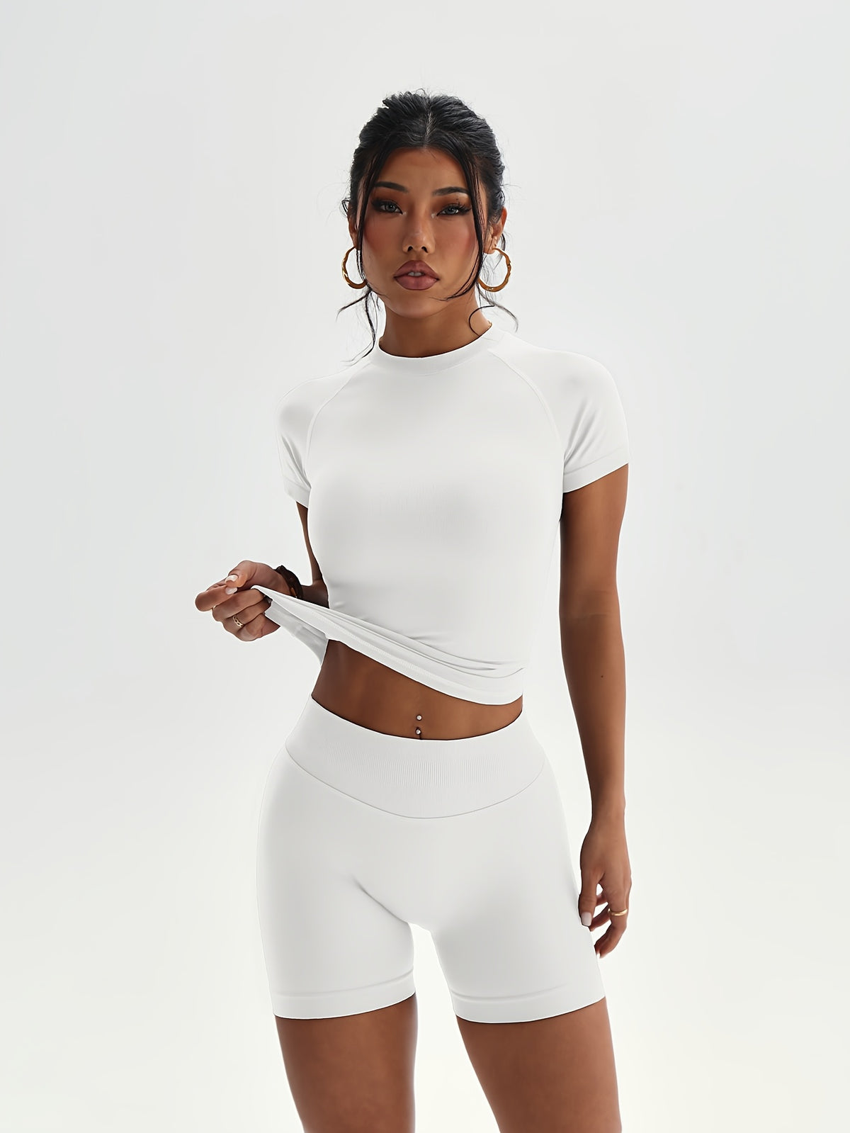 Fitted Short Sleeve Top & Shorts Set - White